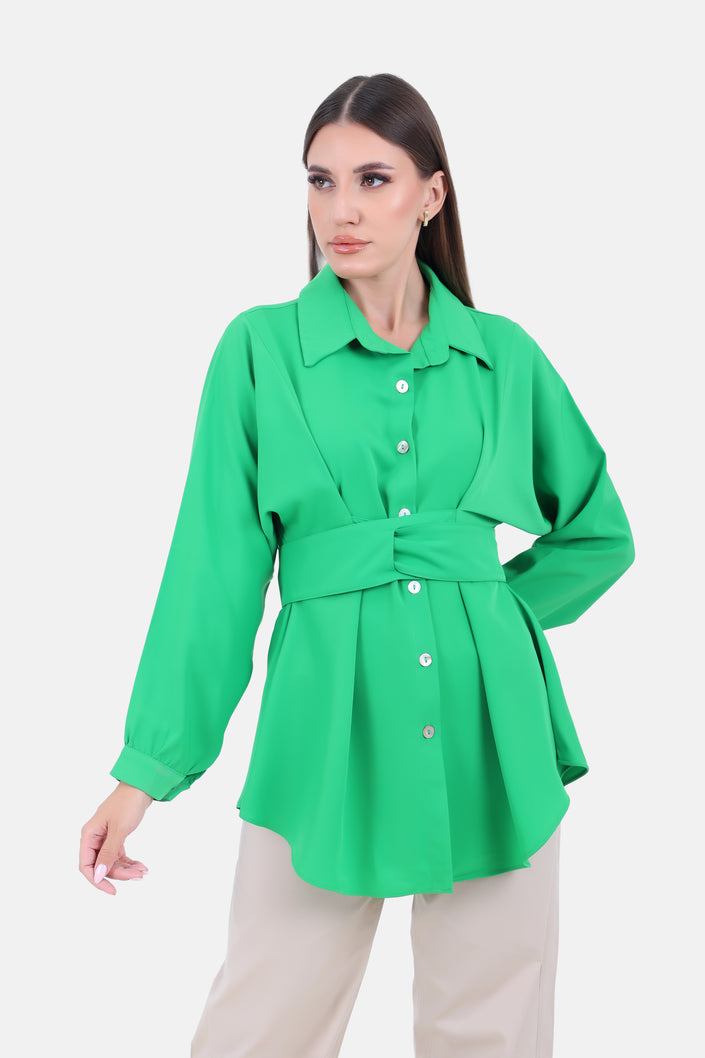 Green Short Blouse With Belt S24033