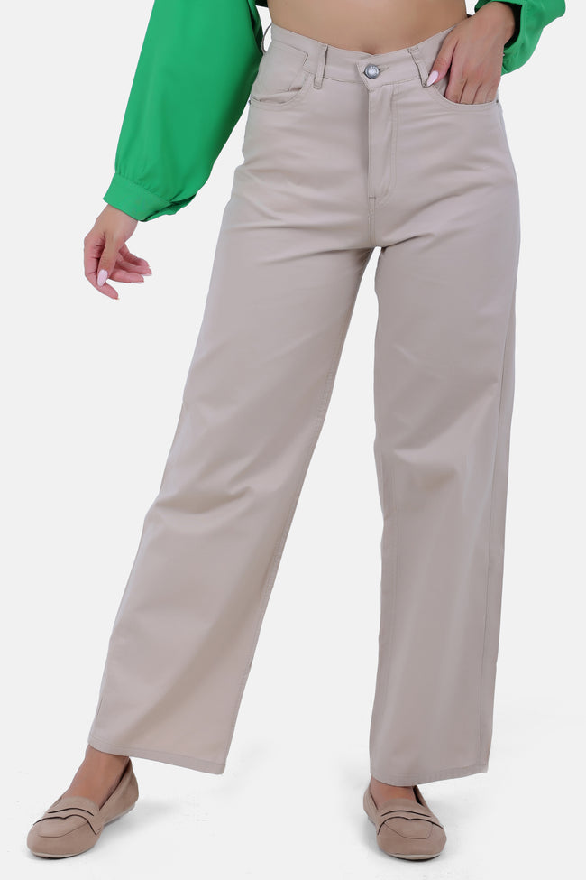 BEIGE WID LEG GABARDINE PANTS S24136