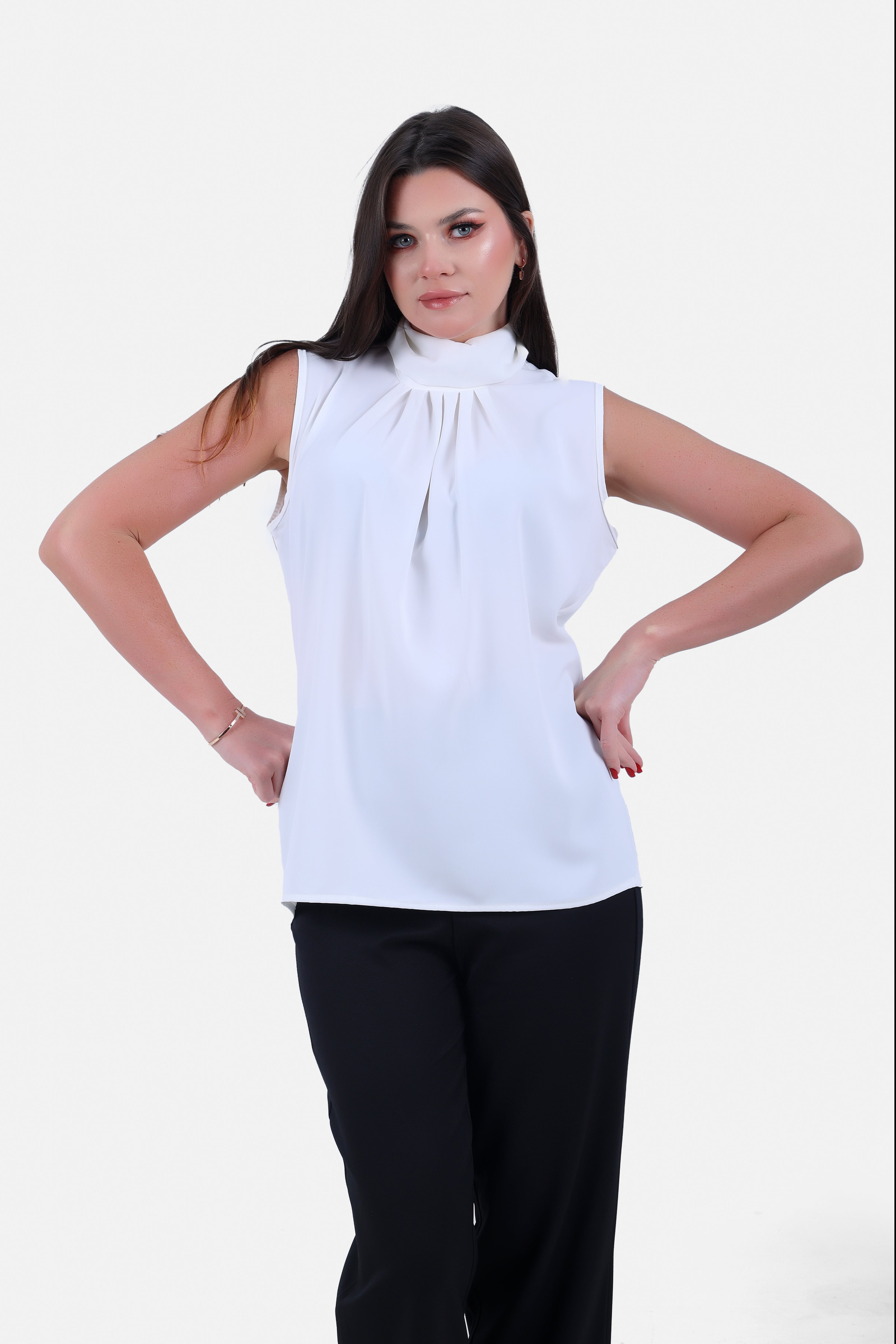 White HEAVY CHIFFON BLOUSE 100% POLY SLEEVLESS -S24164