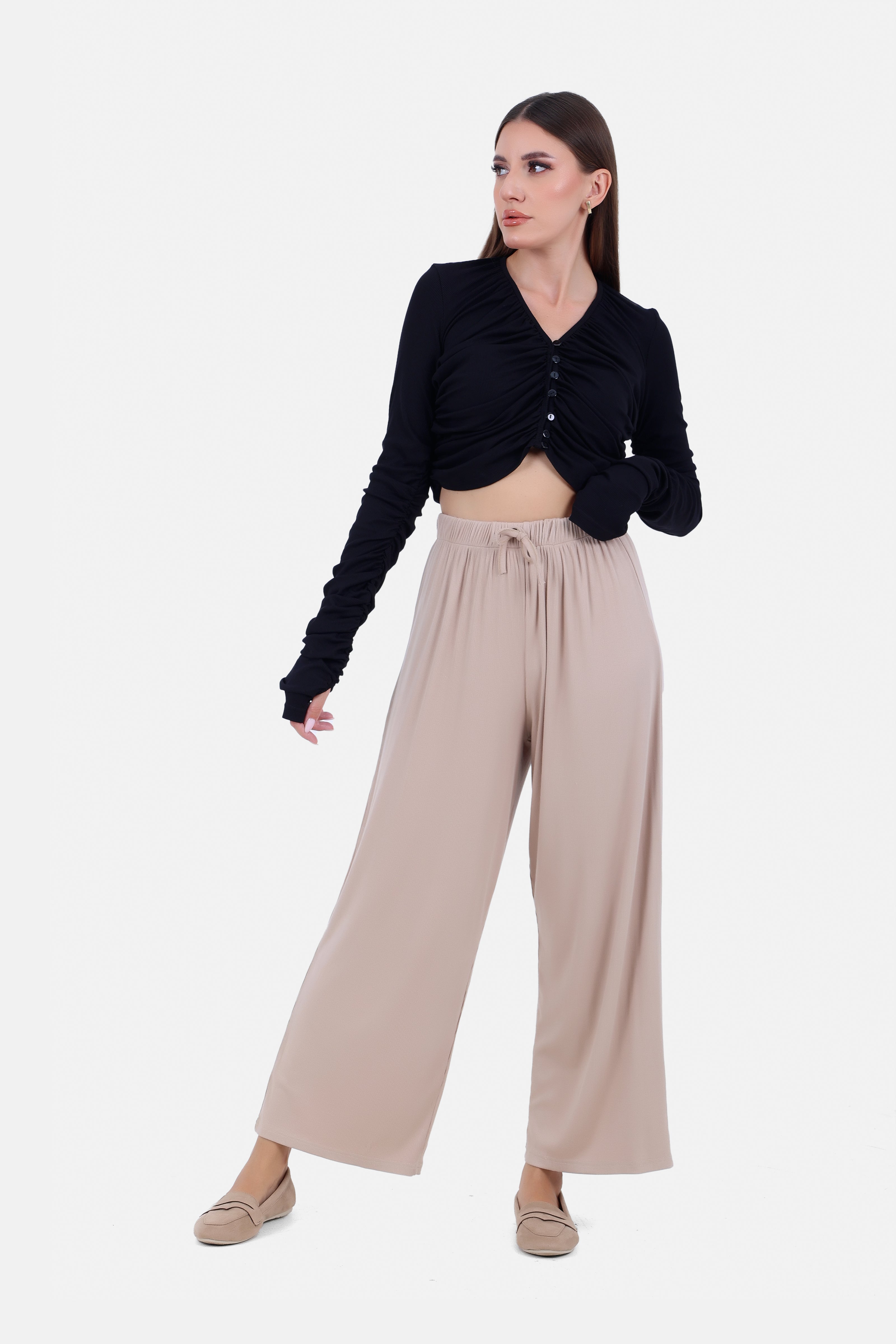 BEIGE REB KNIT ELASTIC WAIST PANTS   WIDE LEG S24141