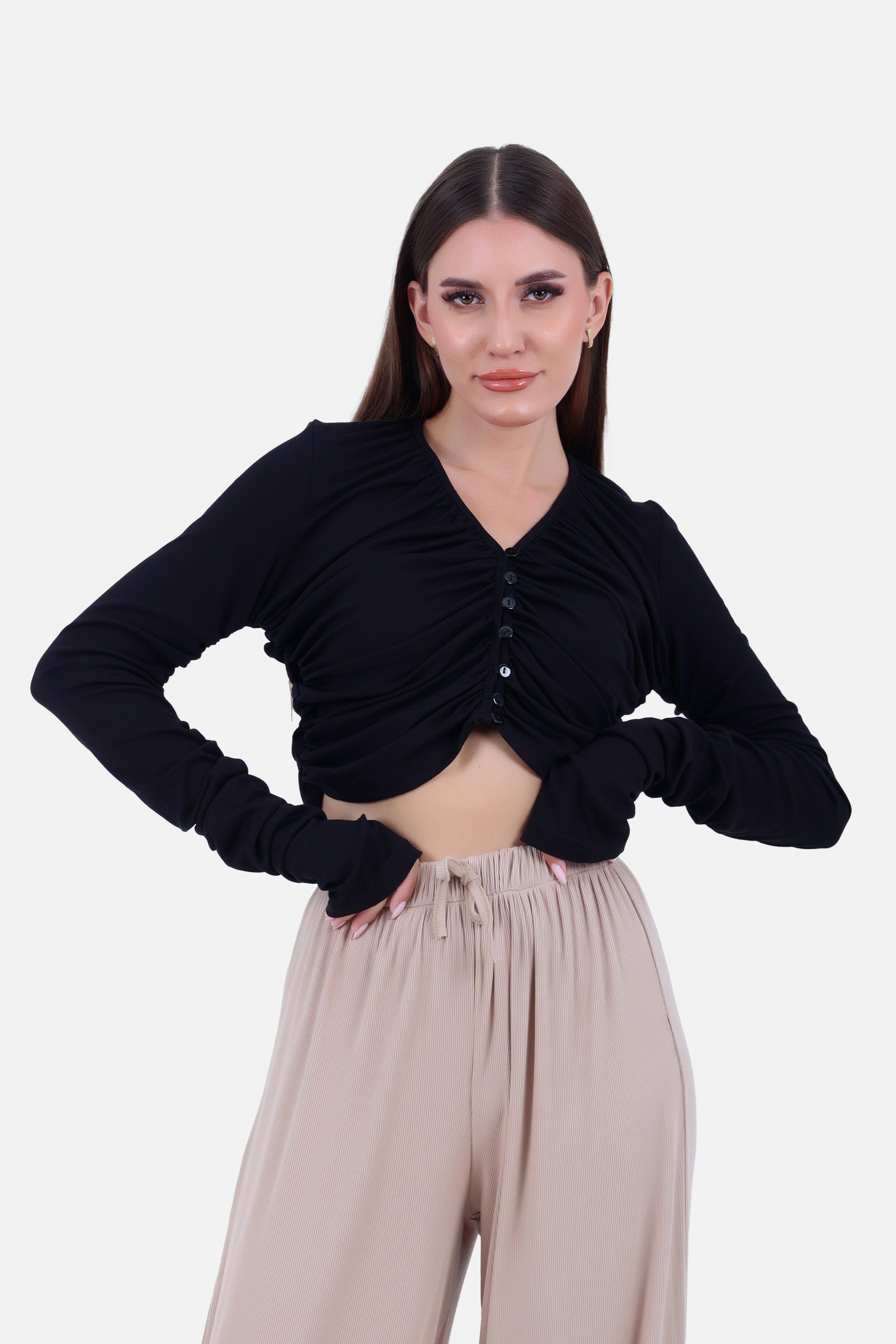 BLACK COTTON LONG SLEEVES TOP RUFFLE SLEEVES & CHEST-S24223