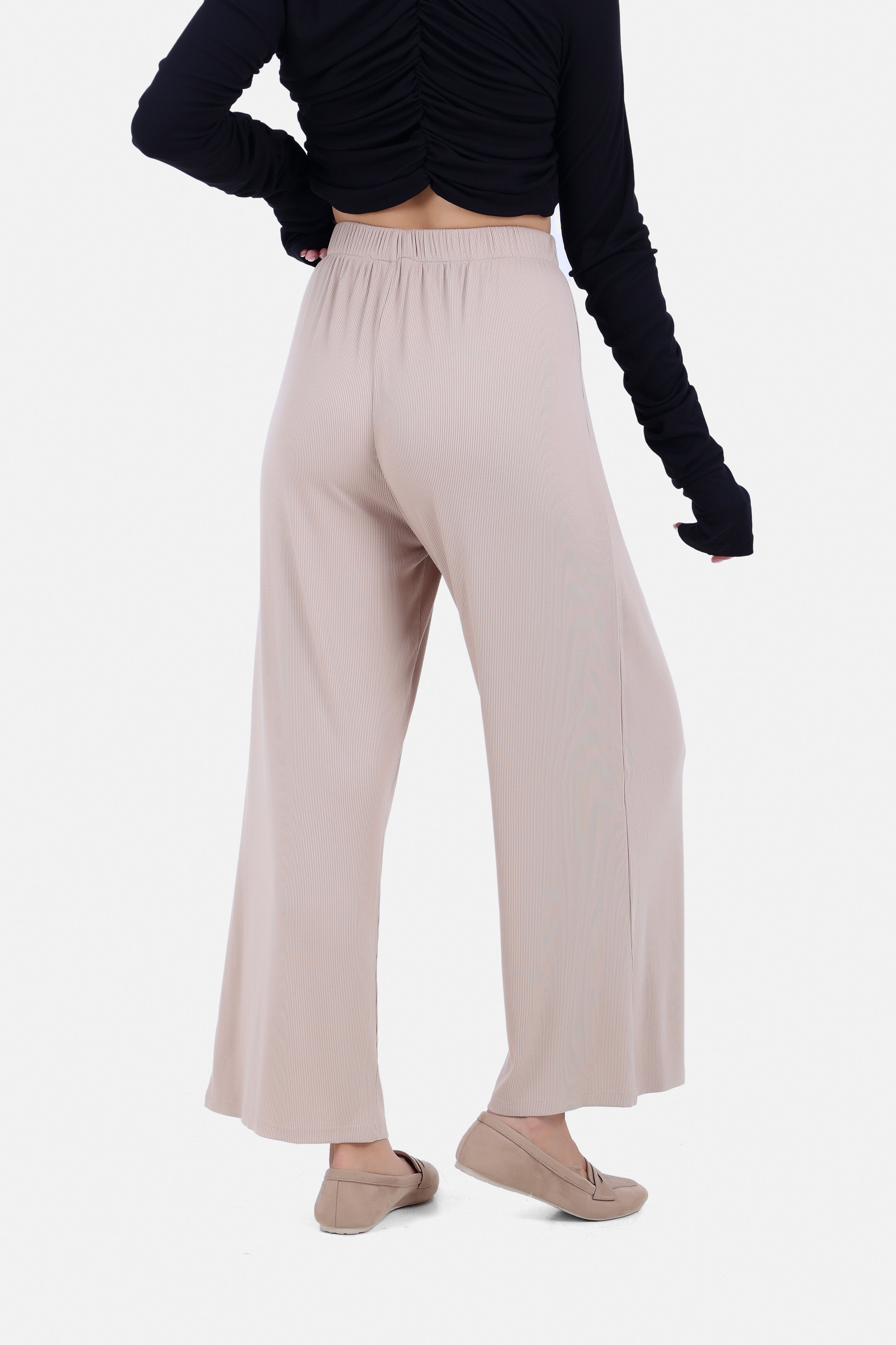 BEIGE REB KNIT ELASTIC WAIST PANTS   WIDE LEG S24141