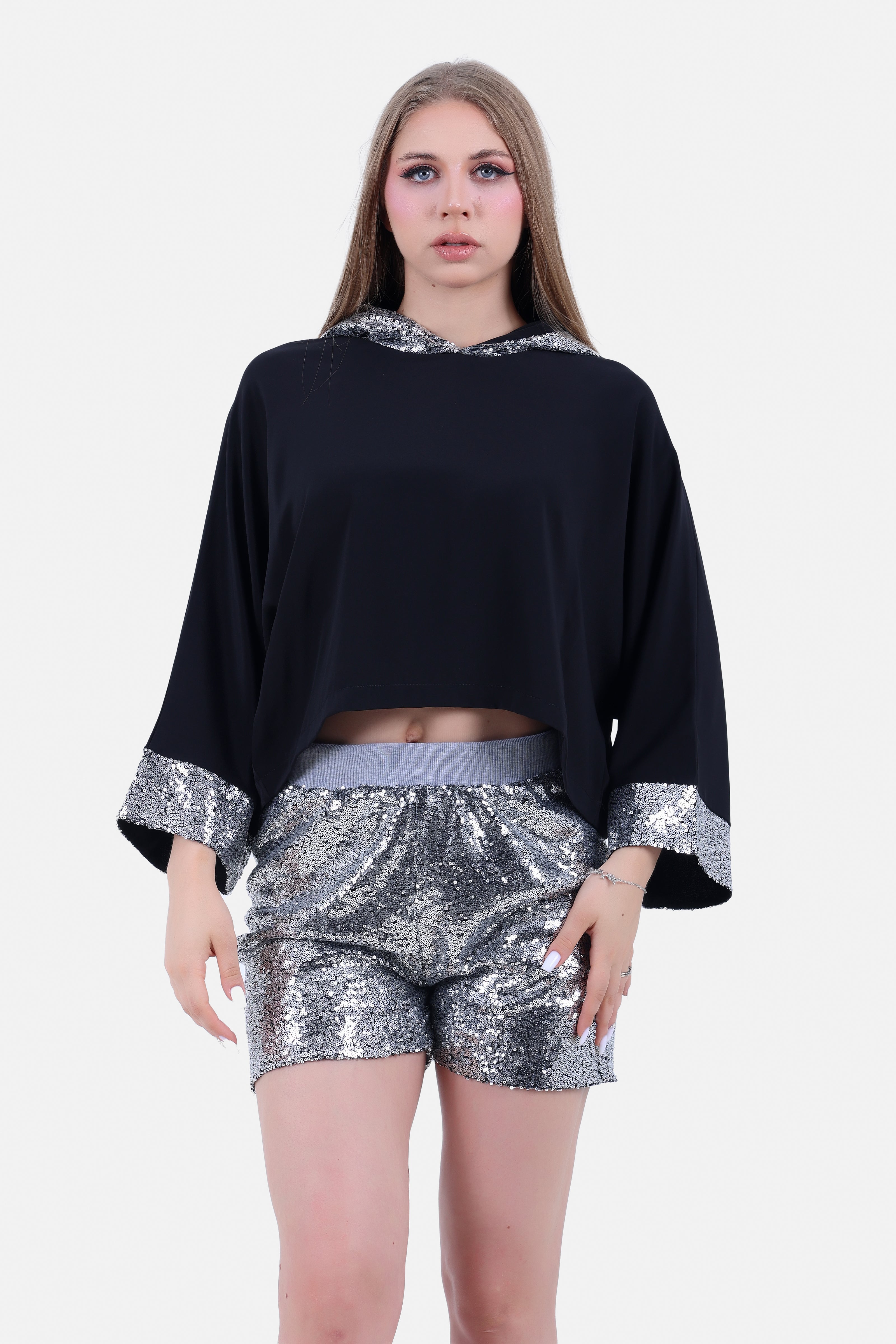 BLACK X SILVER HOODIE BLOUSE STRASS HOODIE & SLEEVES-S24197