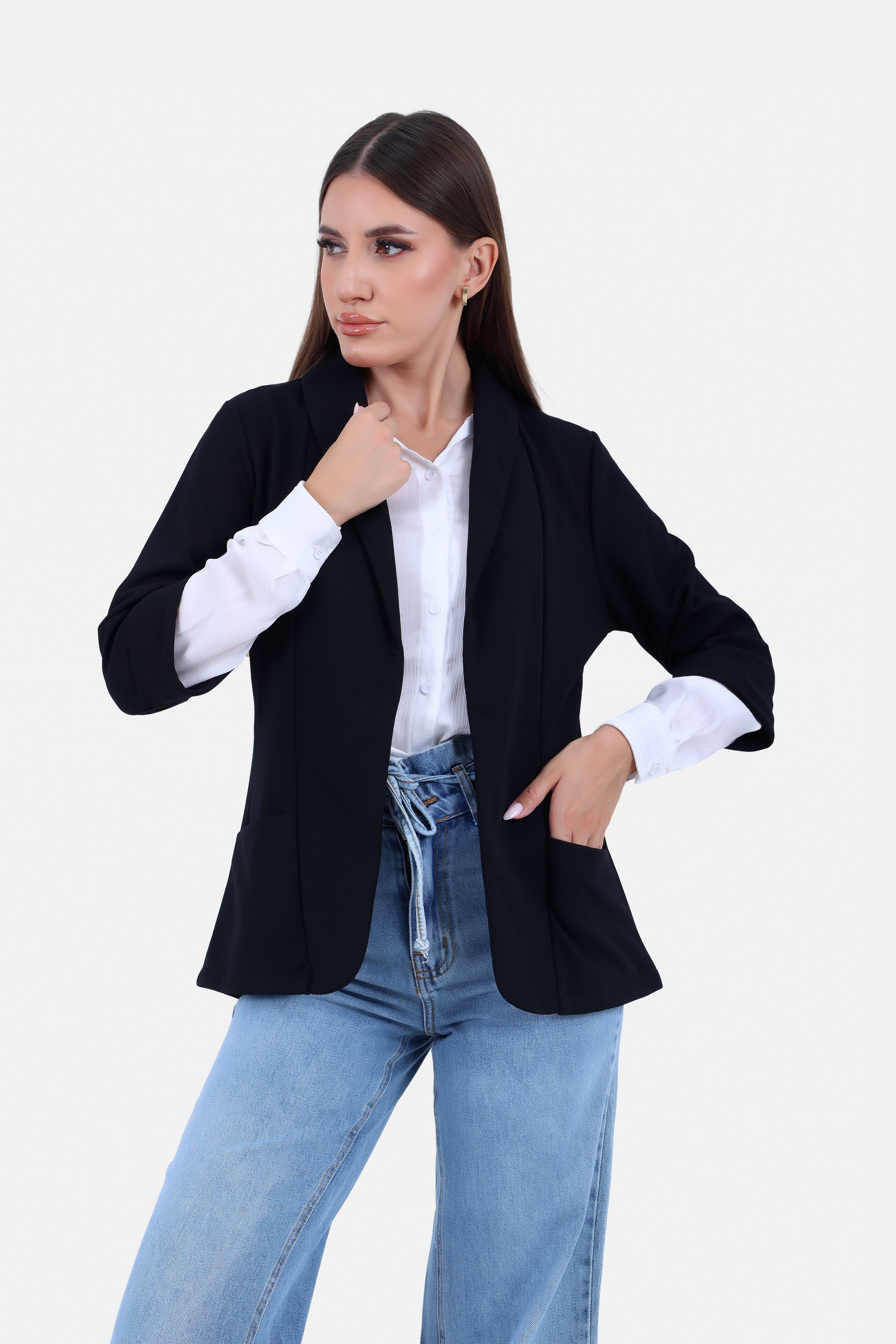 BLACK OPEN JACKET 2 SIDES POCKET 3/4 SLEEVES-S24200