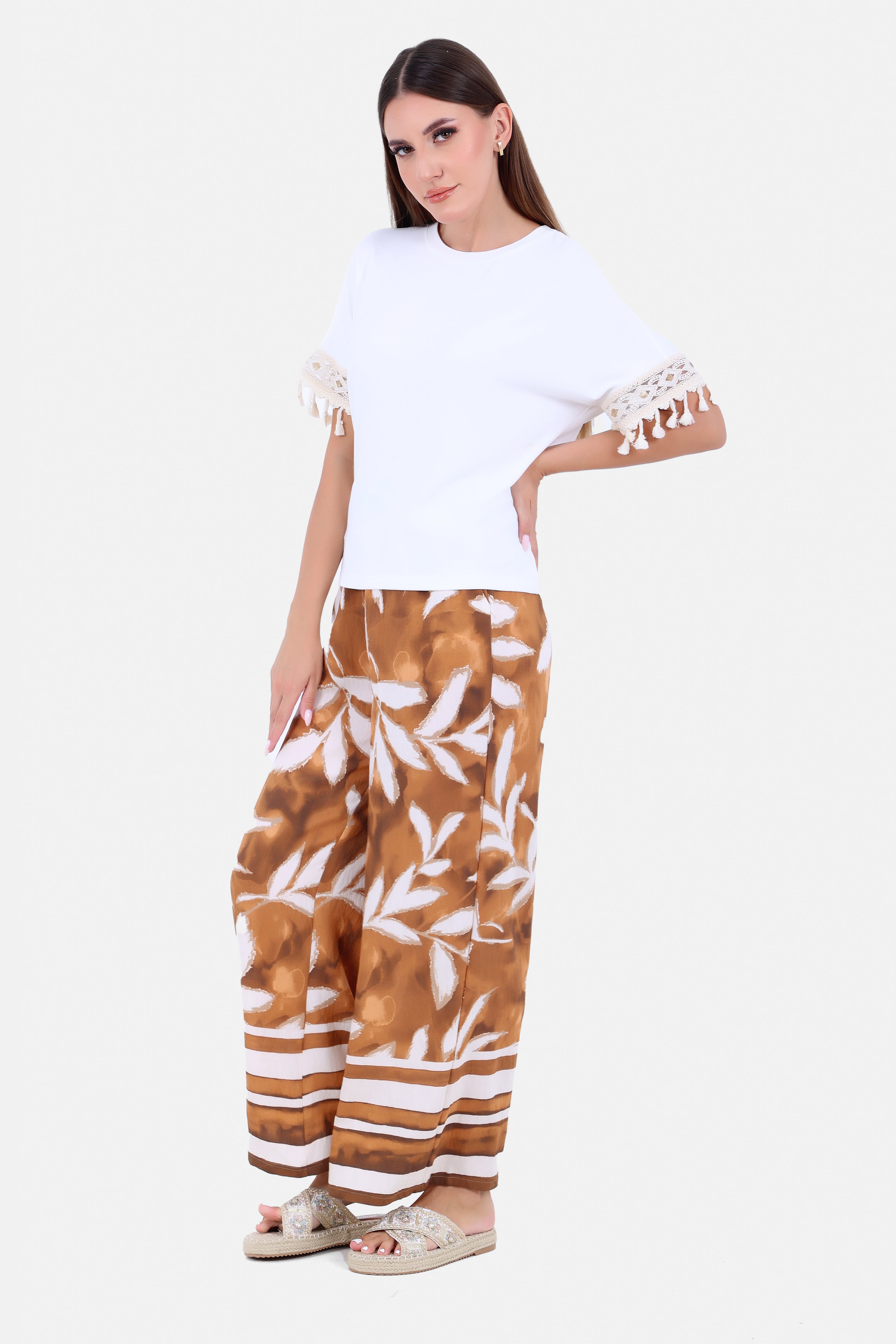 BROWN Linen PRINTED ELASTIC PANTS S24014