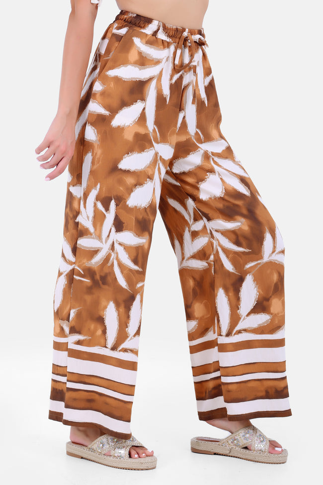 BROWN Linen PRINTED ELASTIC PANTS S24014