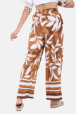 BROWN Linen PRINTED ELASTIC PANTS S24014