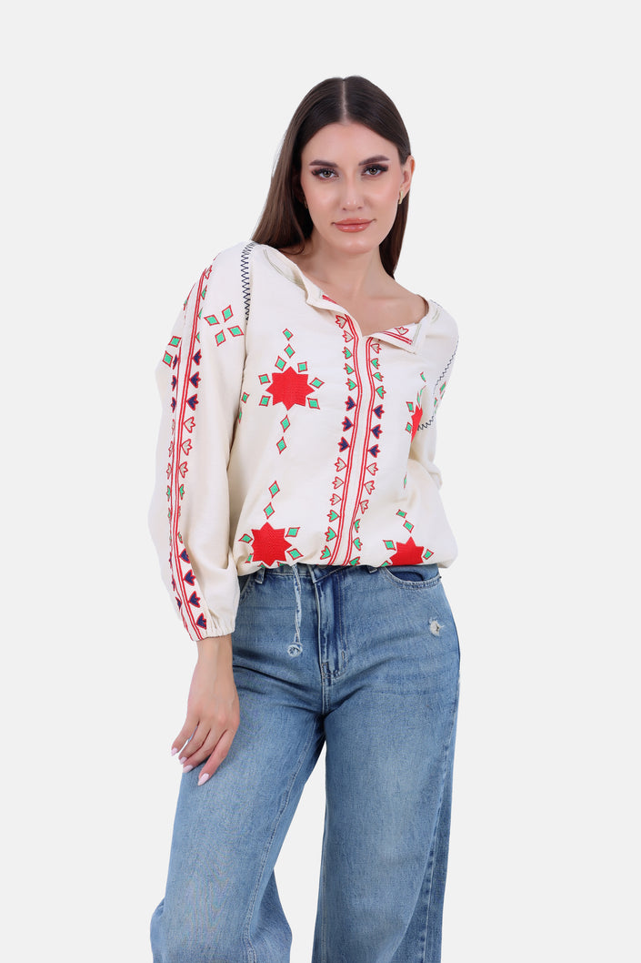 Beige linen embroidered chest blouse s24138