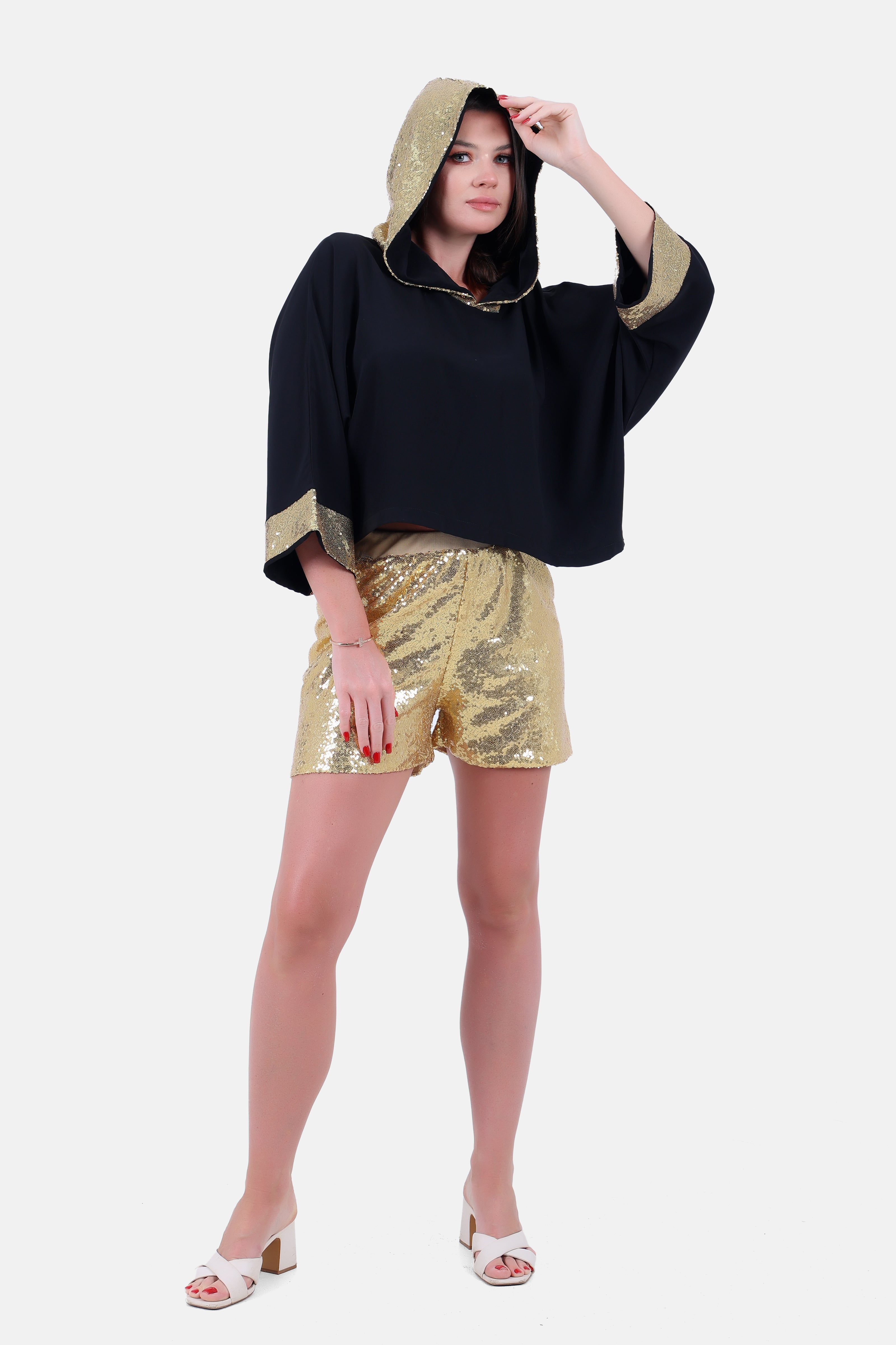 BLACK X GOLD HOODIE BLOUSE STRASS HOODIE & SLEEVES-S24197