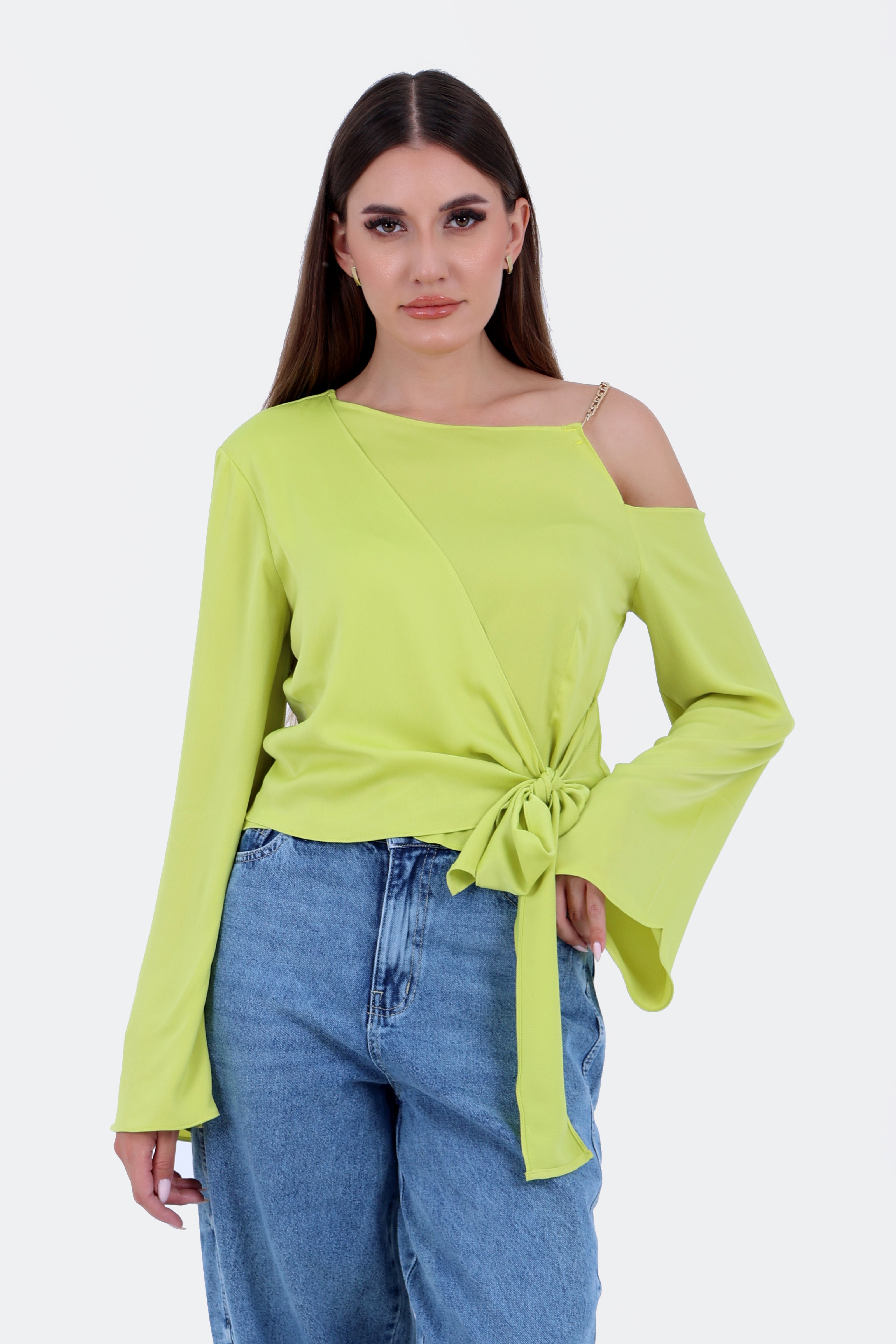 GREEN SATIN SHORT BLOUSE SHOULDER STRAP S24160