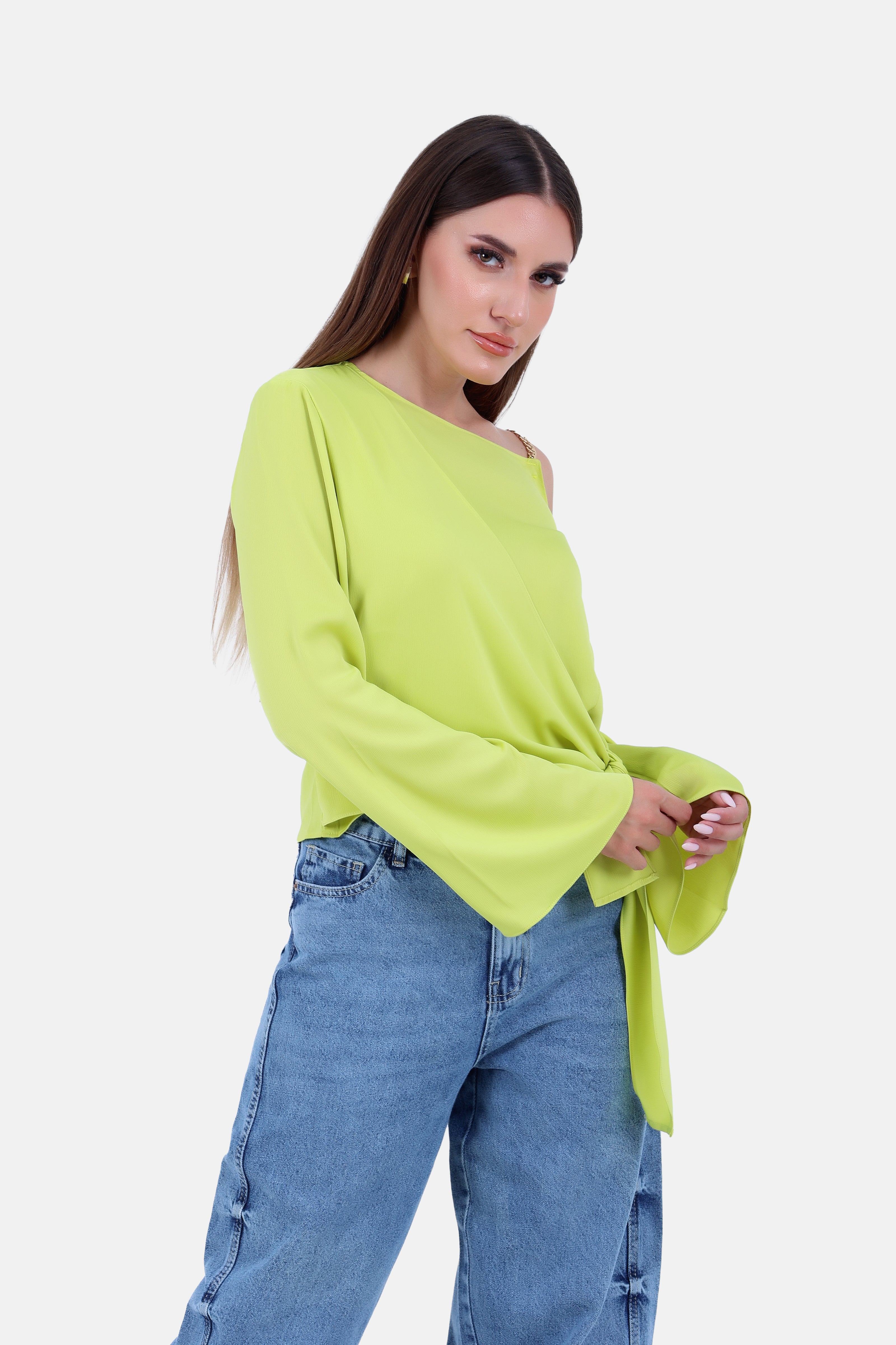 GREEN SATIN SHORT BLOUSE SHOULDER STRAP S24160