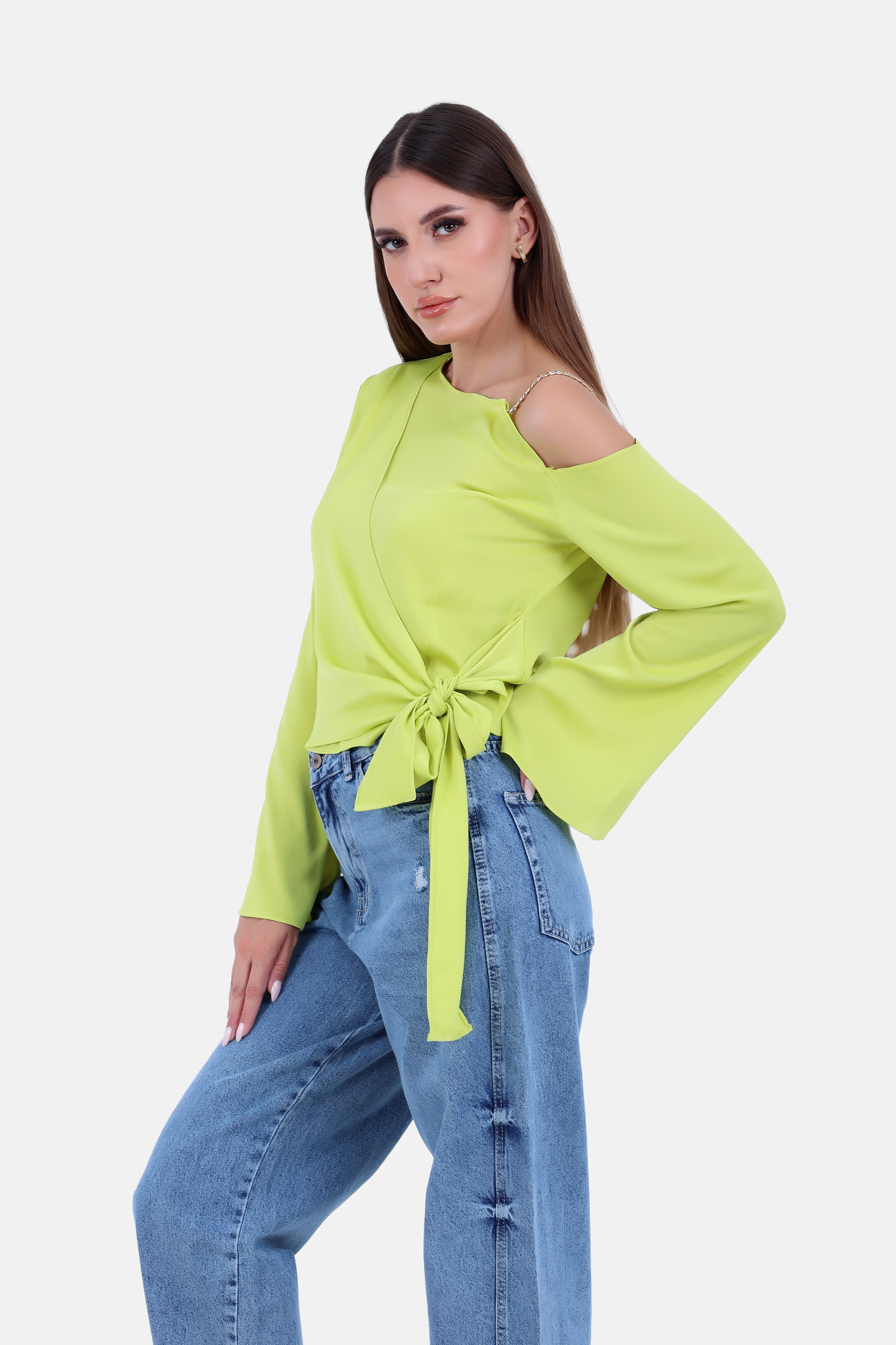 GREEN SATIN SHORT BLOUSE SHOULDER STRAP S24160