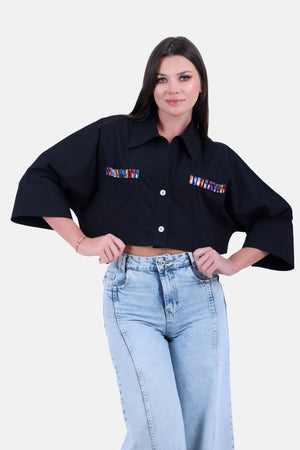 Black short blouse with chest diamond-s24218