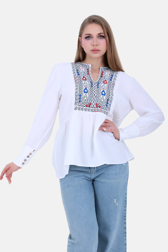 White Linen Embroidered Chest Blouse S24104