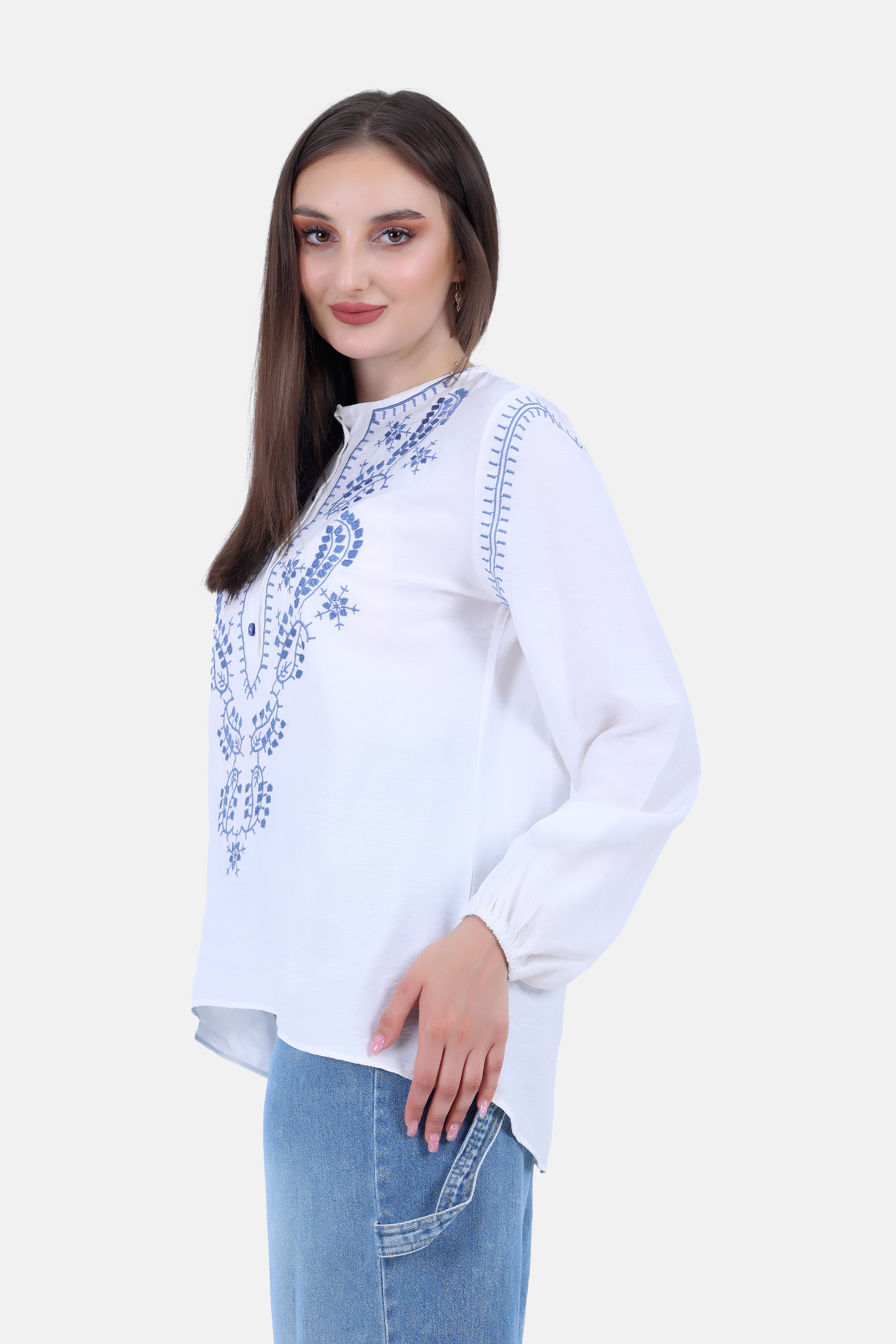 White Linen EMBROIDERED CHEST BLOUSE & GERO WITH BUTTONS S24105