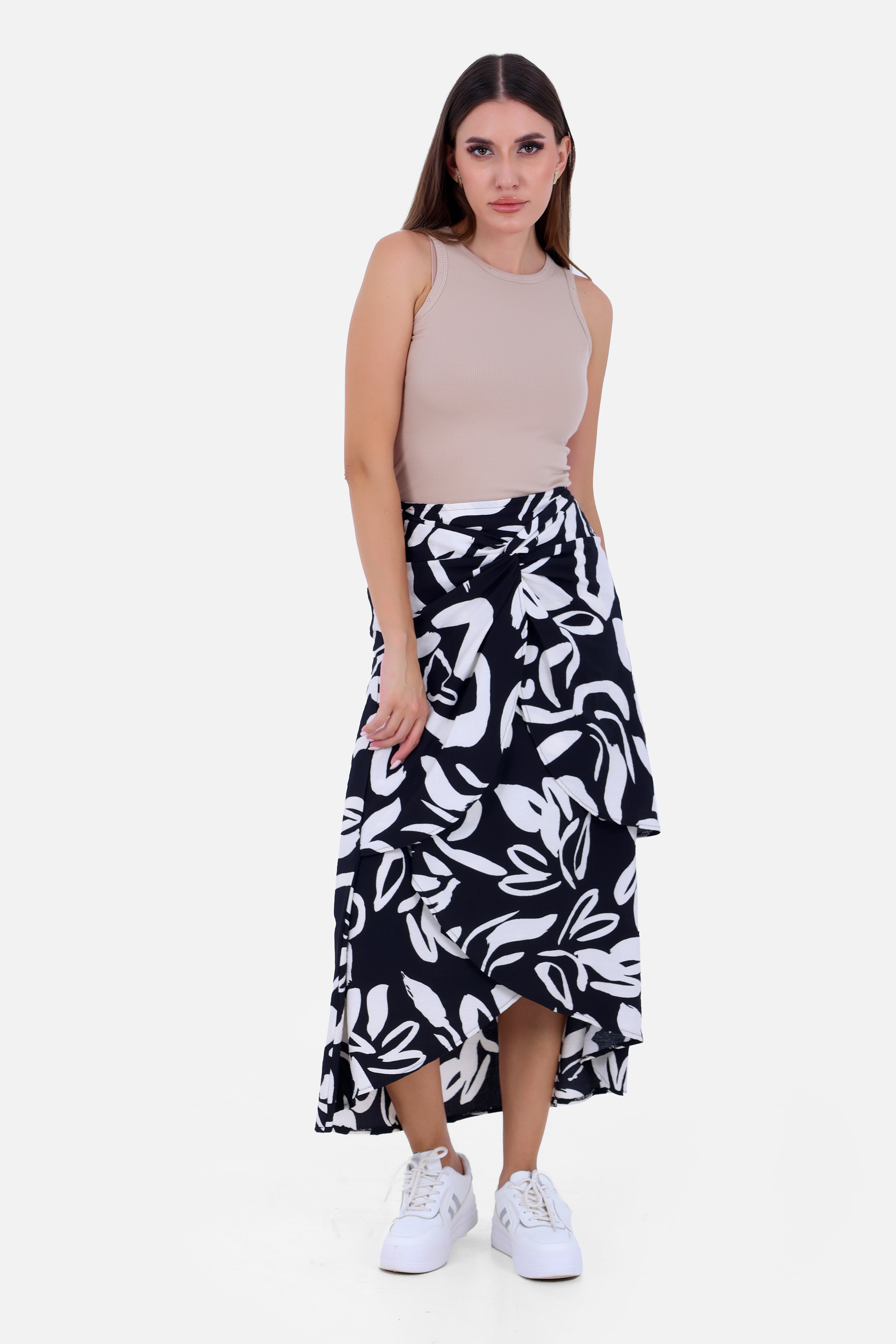 BLACK Linen PRINTED LONG SKIRT S24020