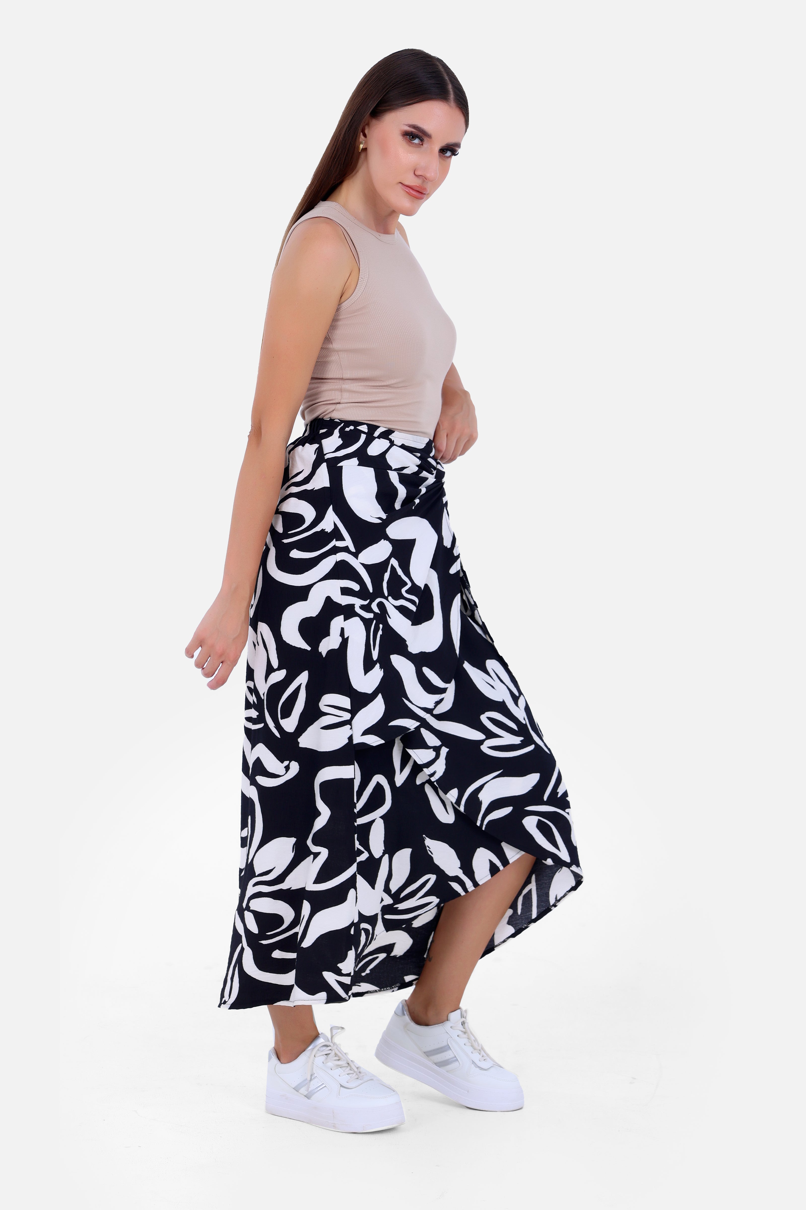 BLACK Linen PRINTED LONG SKIRT S24020