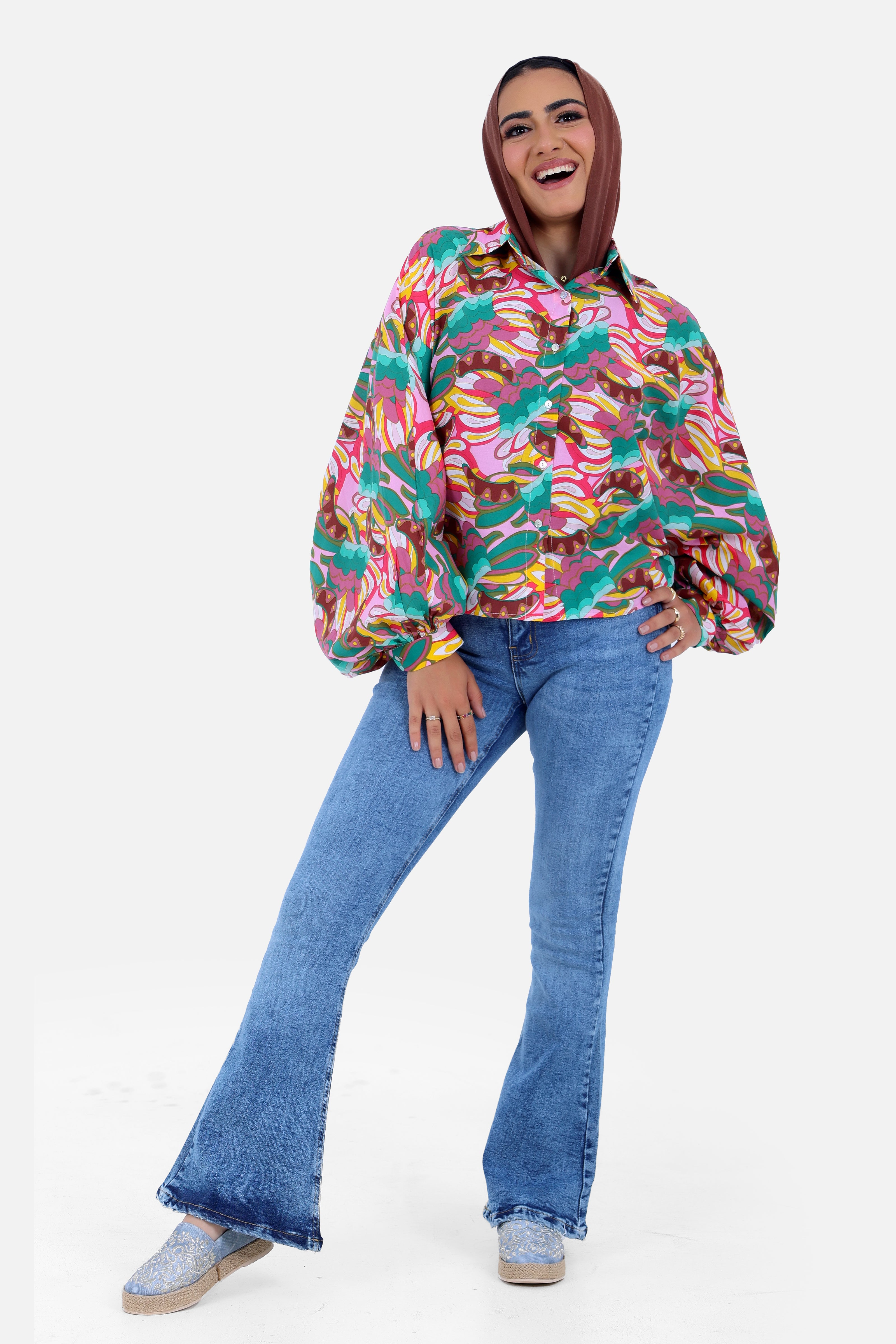 FUSHIA COTTON PRINTED OVER SIZE SHIRT RAGLAN SLEEVES S24031