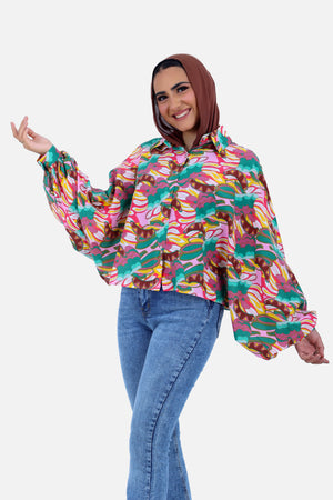 Fuchsia cotton printed over sized blouse s24031