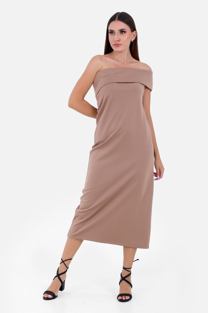 Beige shoulder gown dress  s24156