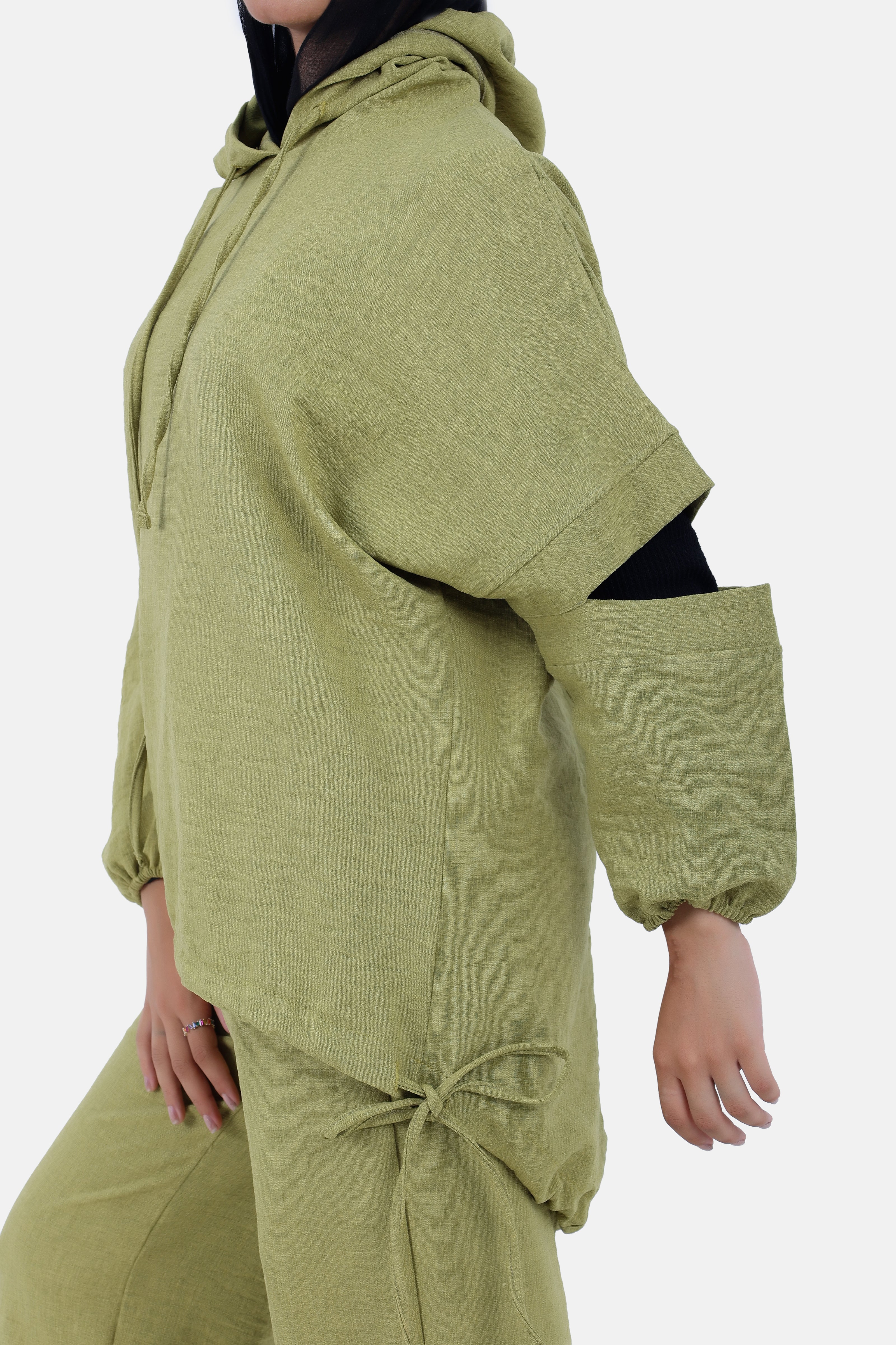 GREEN Linen SET HOODIE  TOP + WIDE LEG PANTS S24110