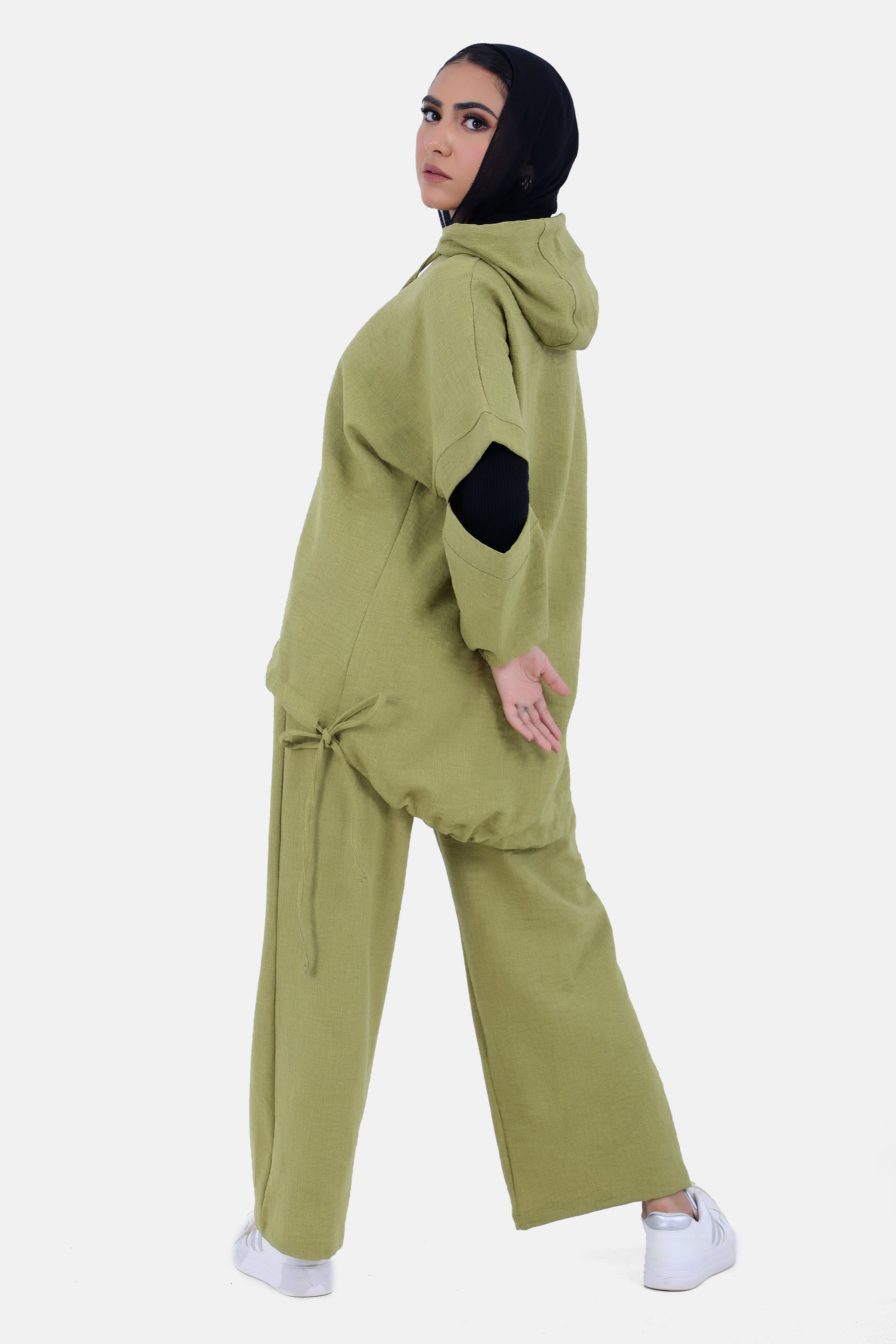 GREEN Linen SET HOODIE  TOP + WIDE LEG PANTS S24110