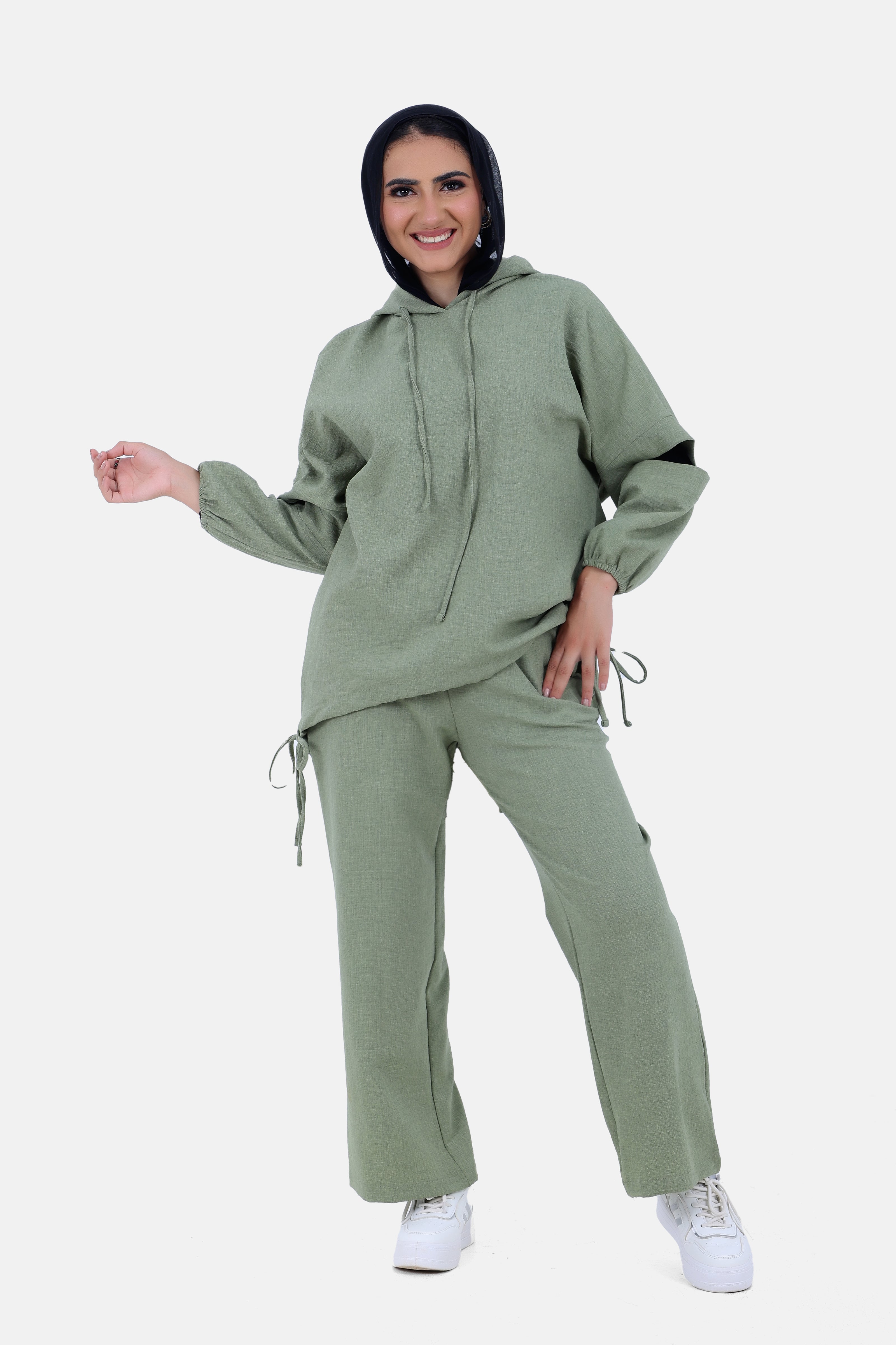 OLIVE Linen SET HOODIE TOP + WIDE LEG PANTS S24110