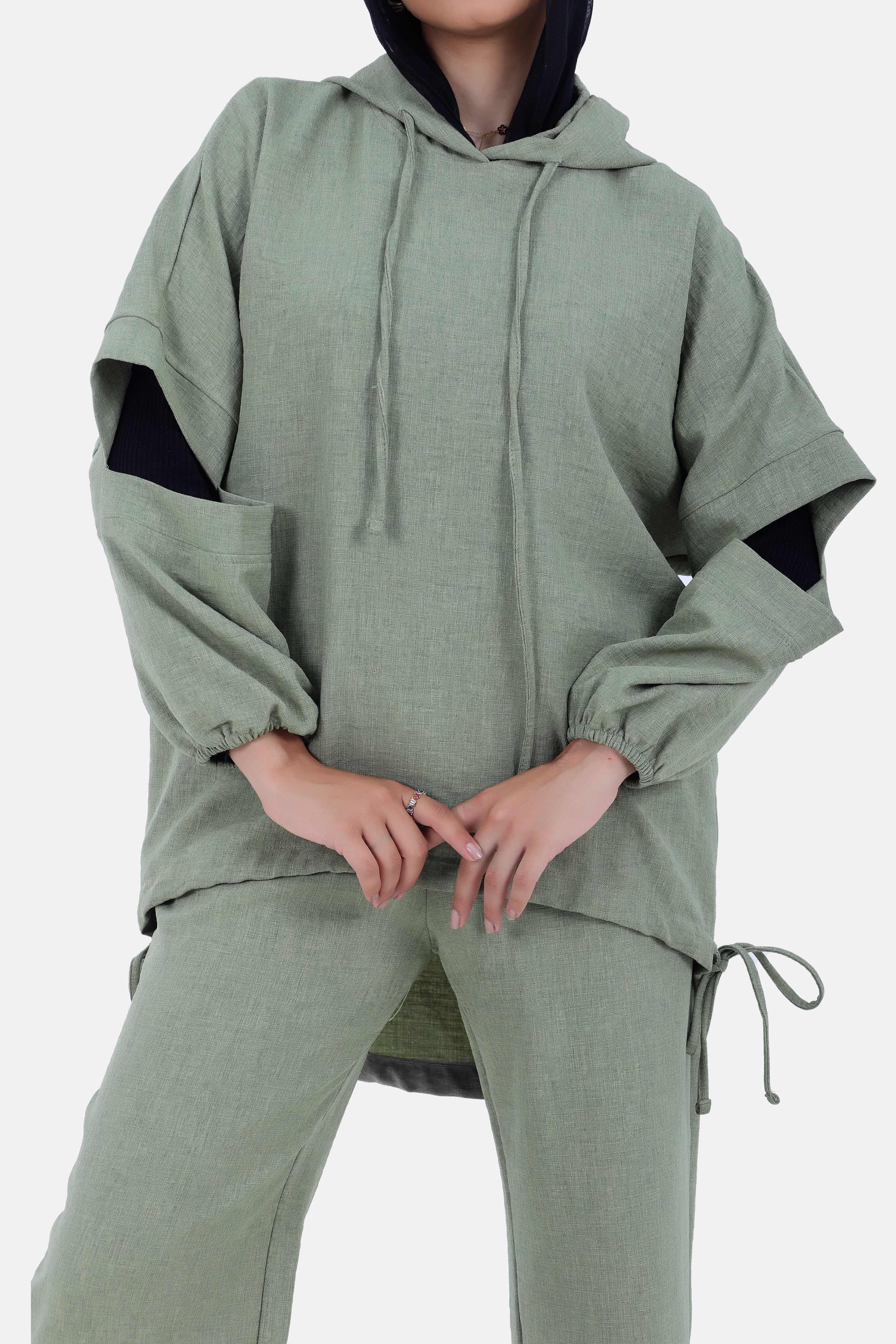 OLIVE Linen SET HOODIE TOP + WIDE LEG PANTS S24110