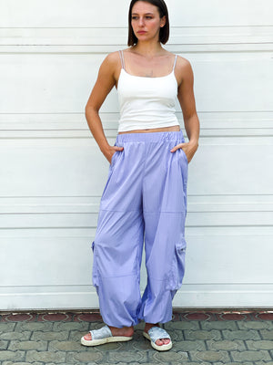 Purple Elastic Waist Cargo Pants - S24212