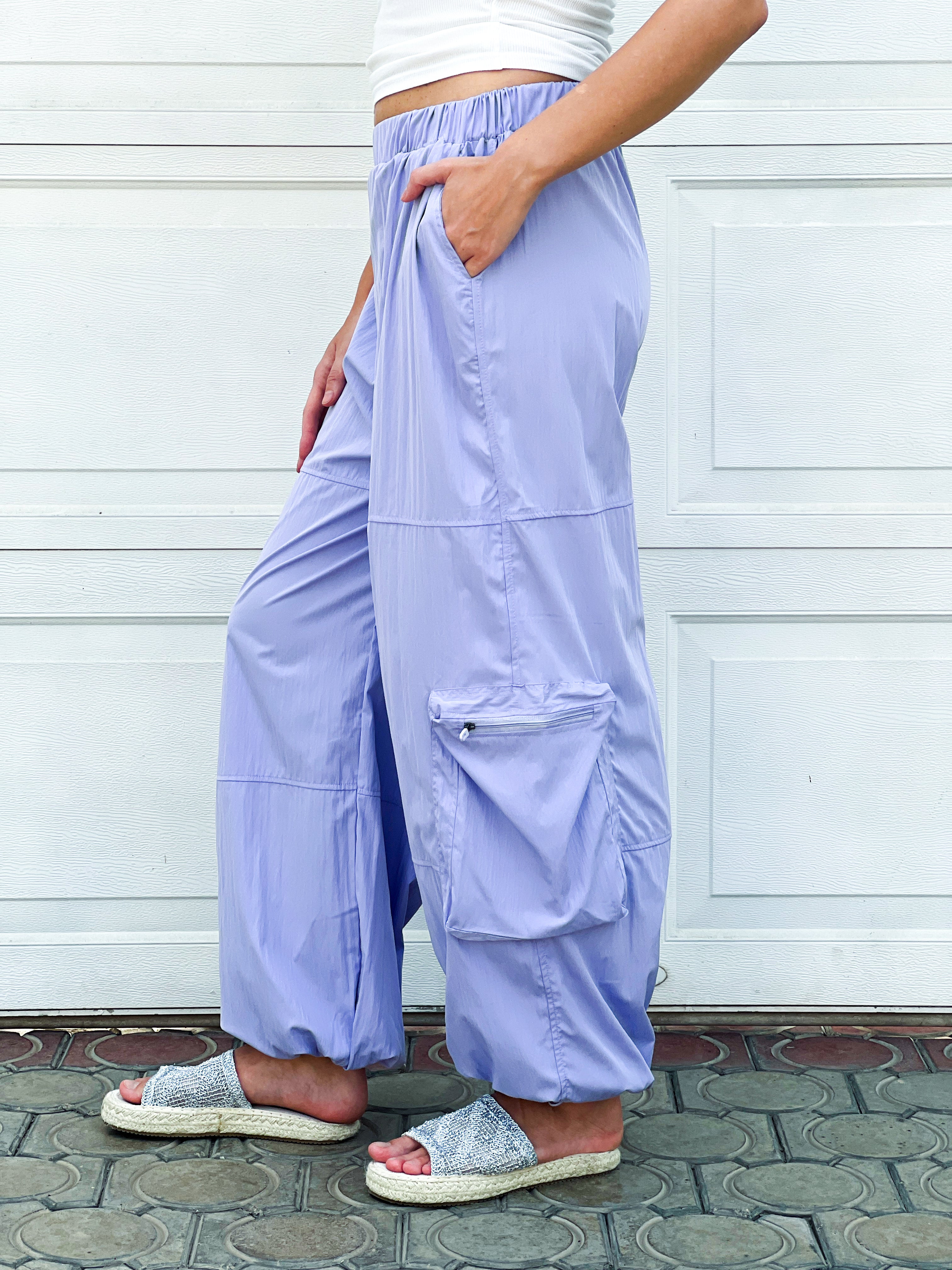 Purple Elastic Waist Cargo Pants - S24212