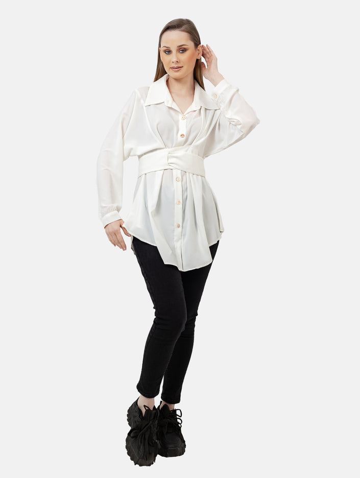 White Short Blouse With Belt S24033