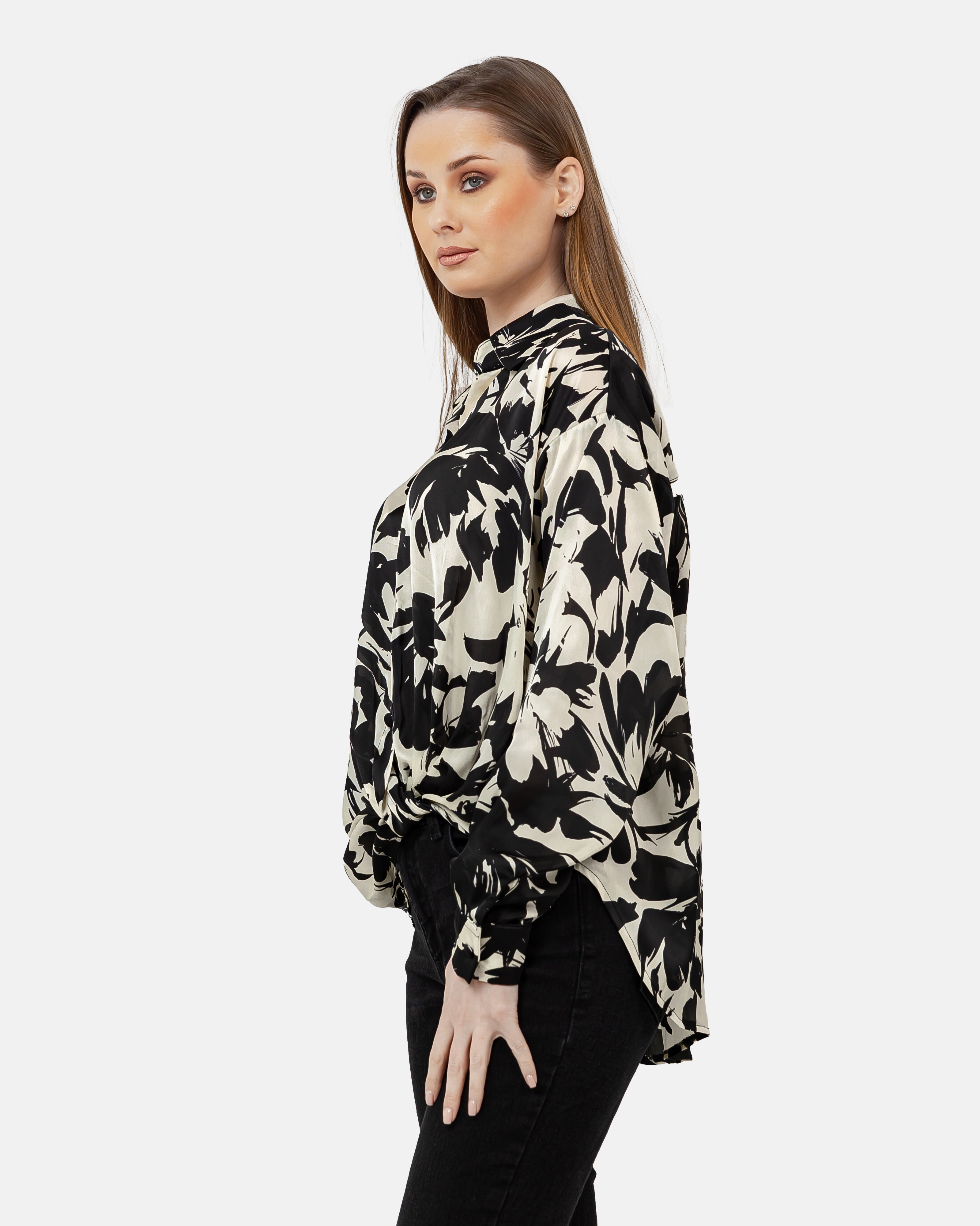 BLACK PRINTED SATIN BLOUSE S24018