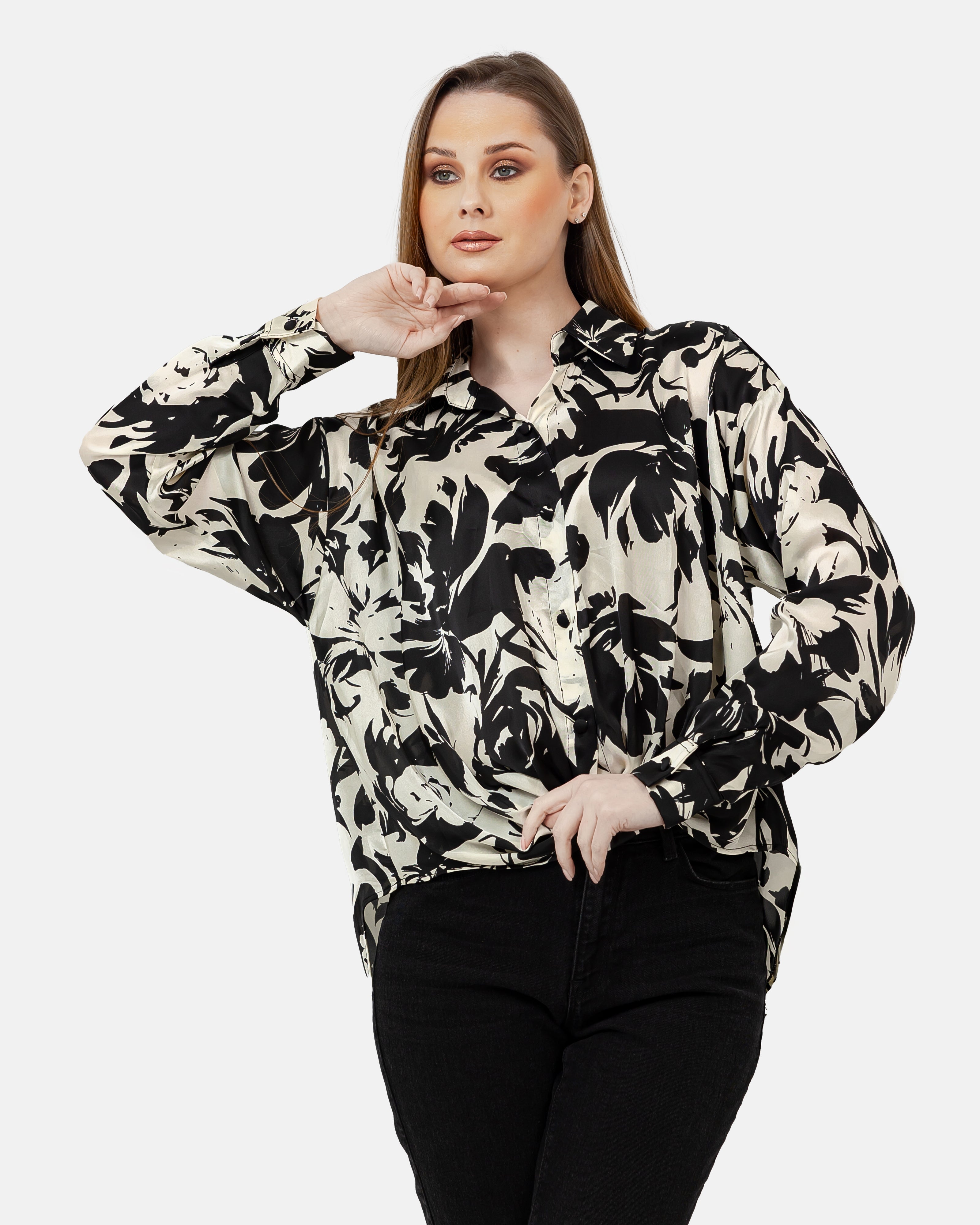 BLACK PRINTED SATIN BLOUSE S24018