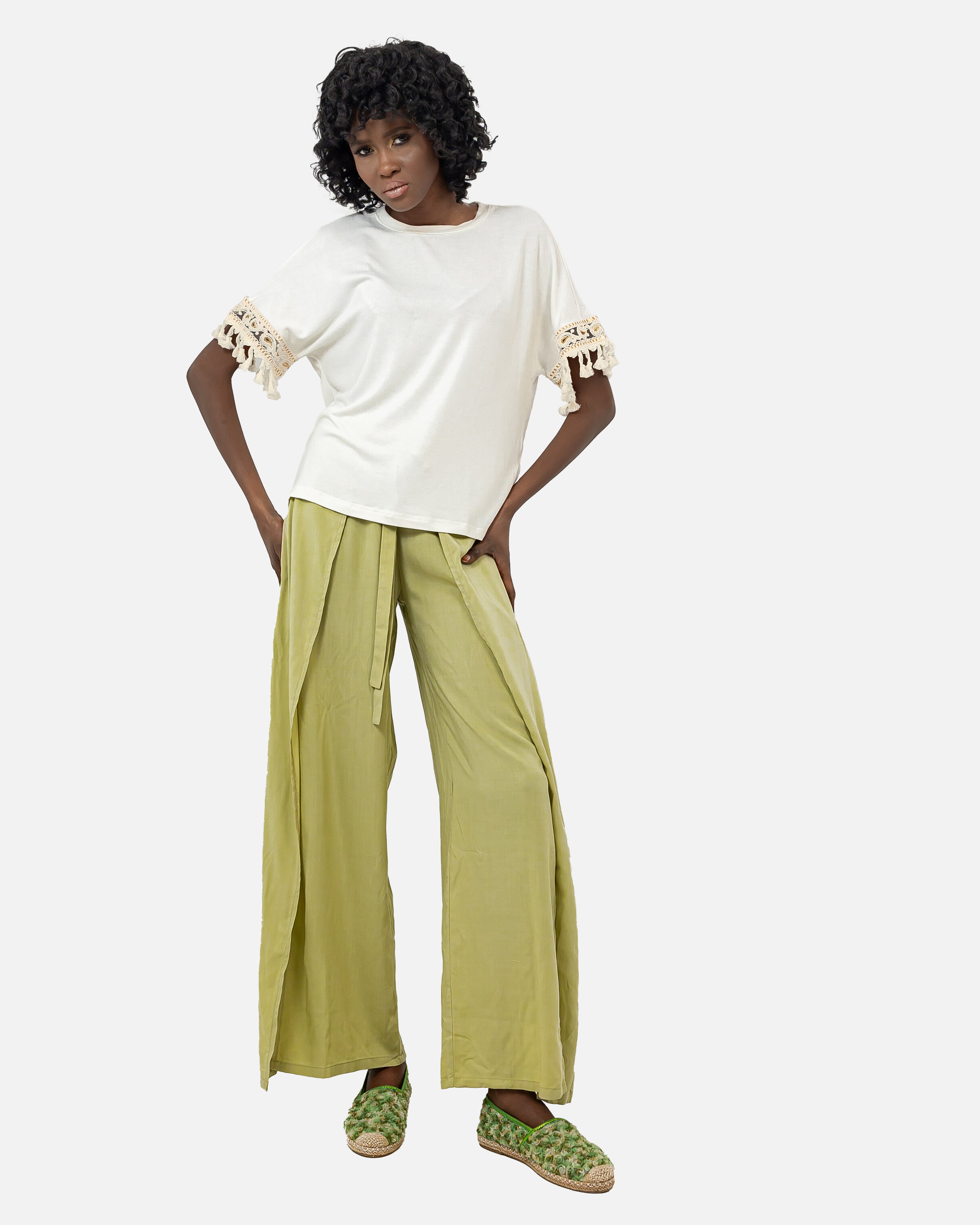 OLIVE TINSIL WIDE LEG ELASTIC WAIST PANTS S24133