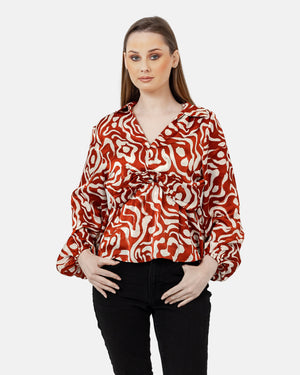 Burgundy satin printed blouse s24071