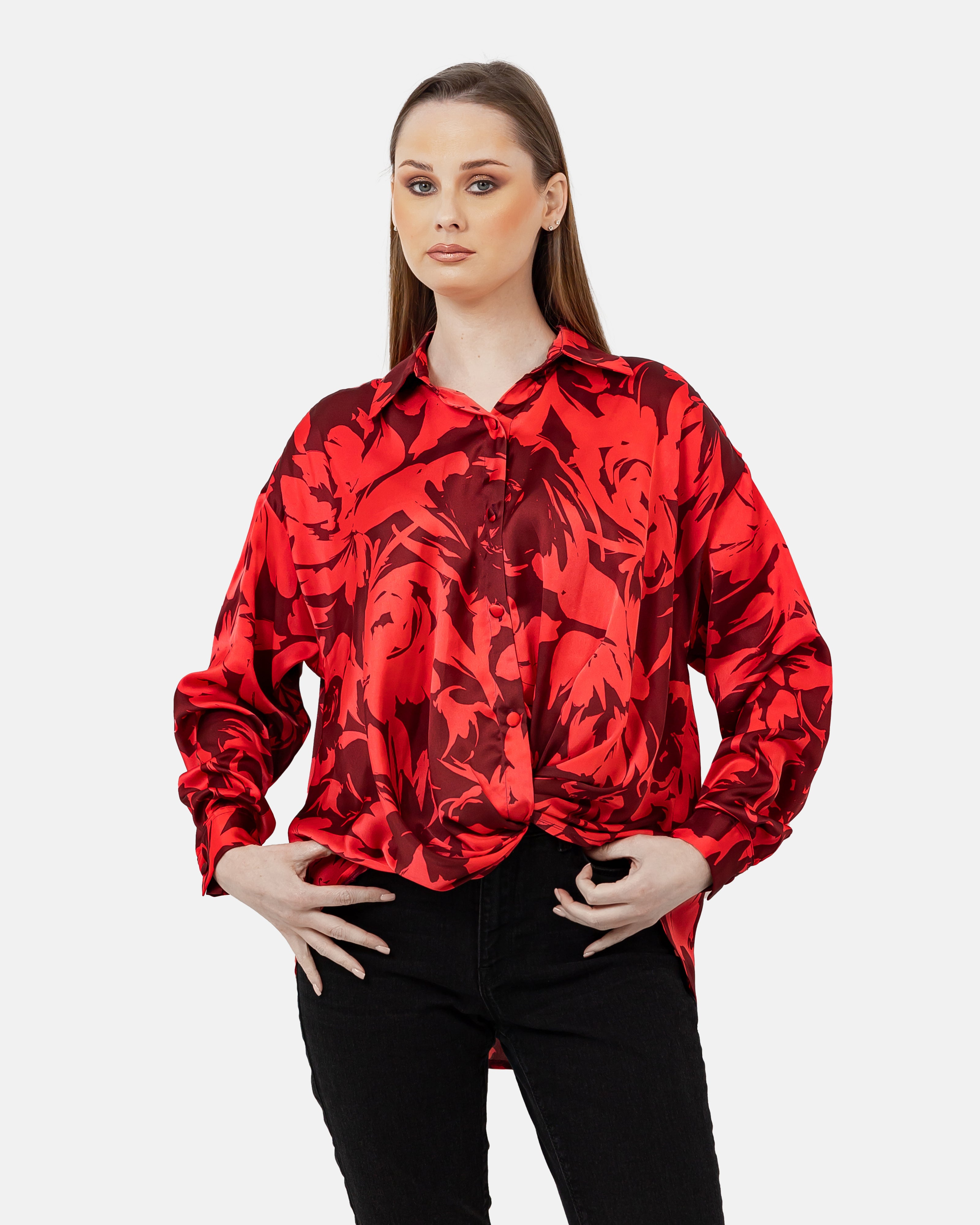 RED PRINTED SATIN BLOUSE S24018