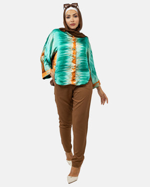 Green printed satin blouse s24017