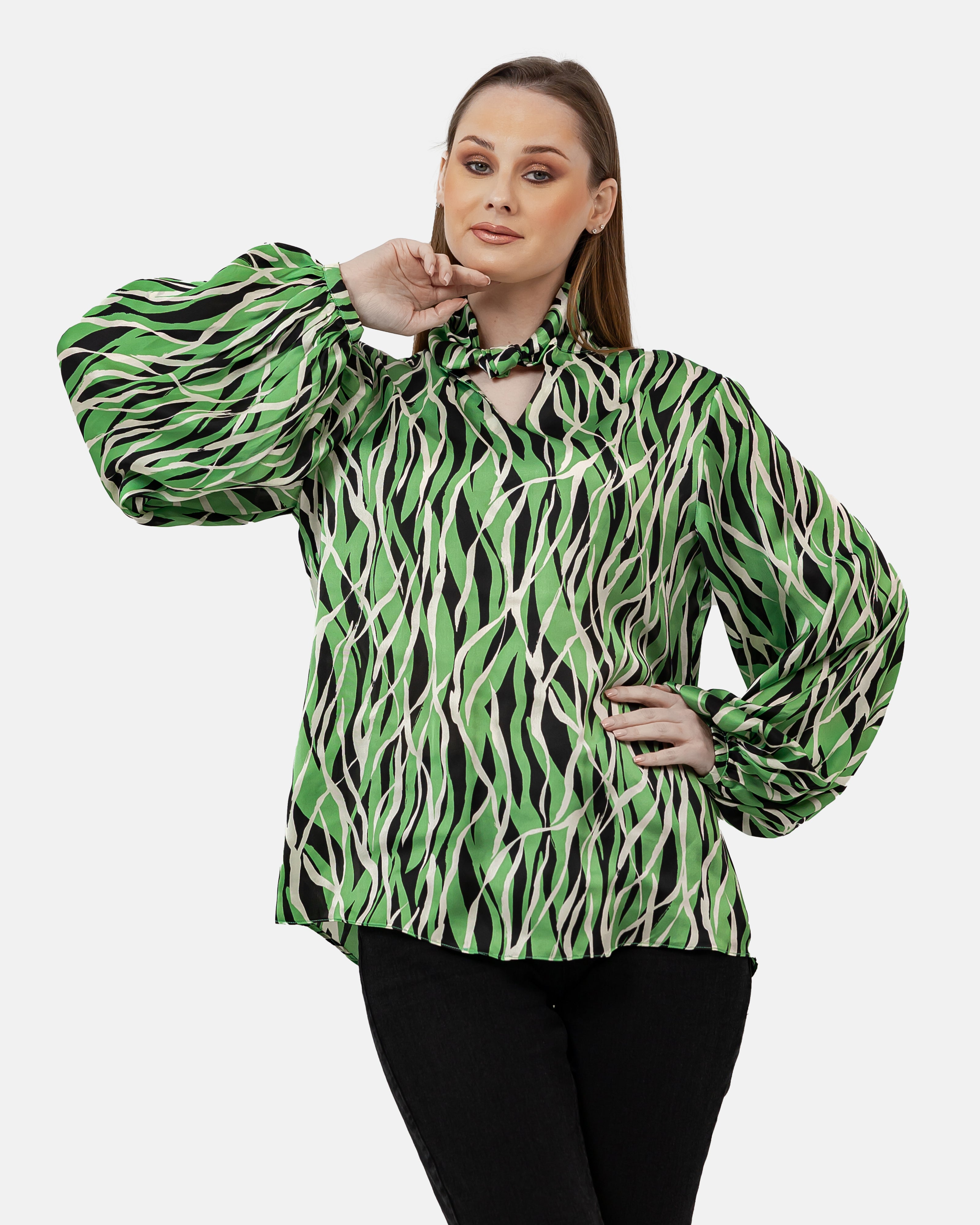 GREEN SATIN PRINTED BLOUSE CREW NECK S24101