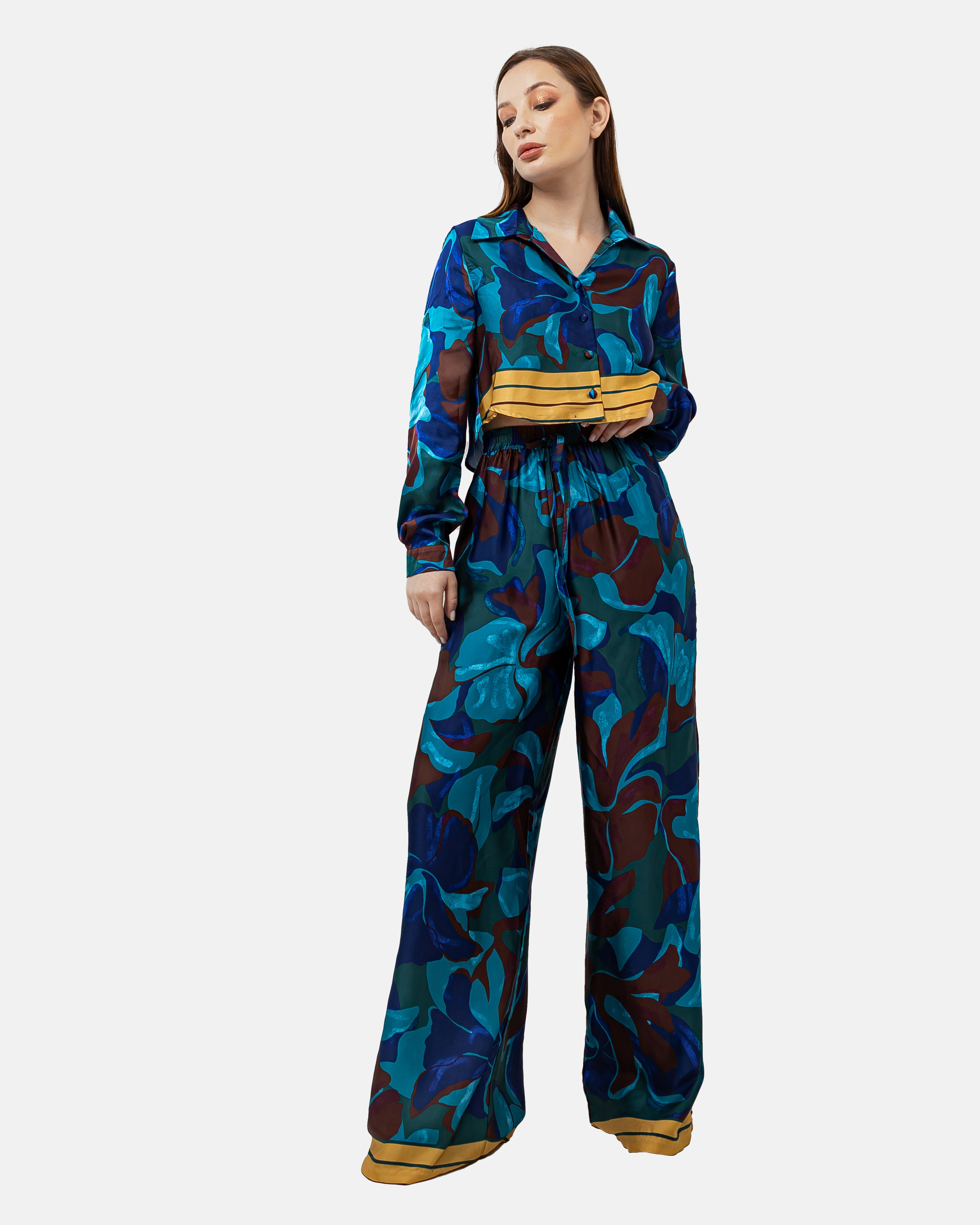 BLUE SATIN PRINTED ELASTIC WAIST PANTS S24072