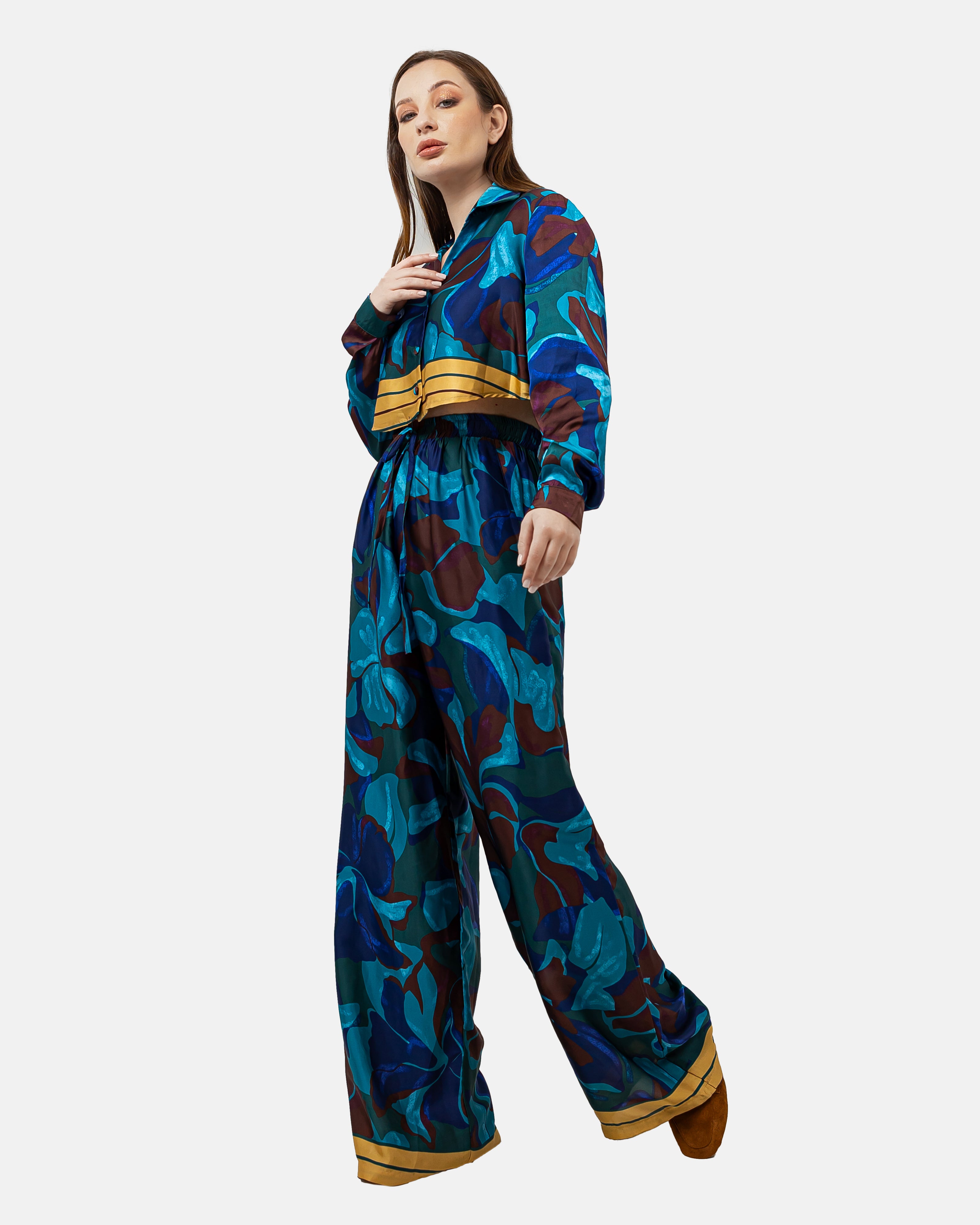 BLUE SATIN PRINTED ELASTIC WAIST PANTS S24072