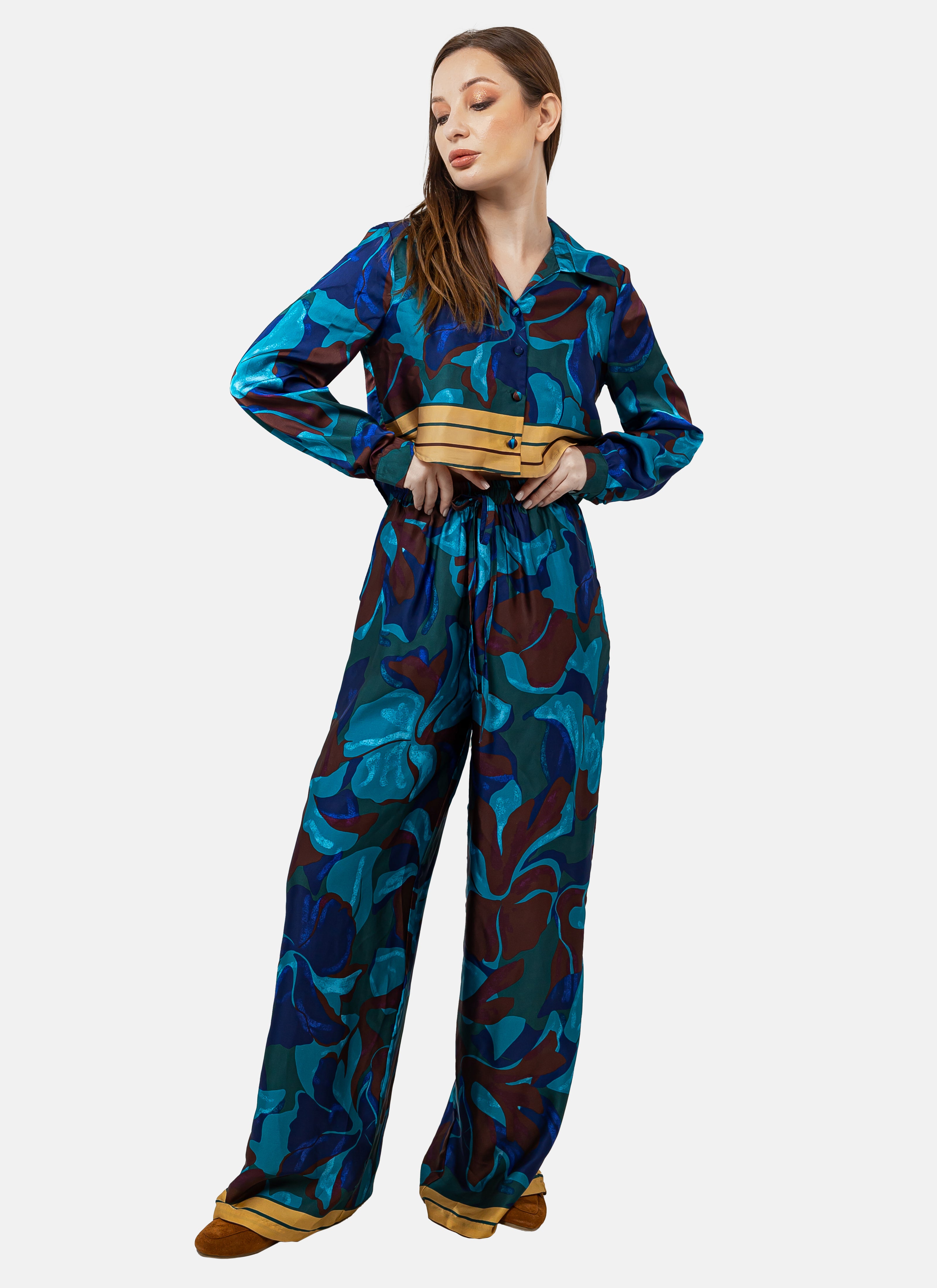 BLUE SATIN PRINTED ELASTIC WAIST PANTS S24072