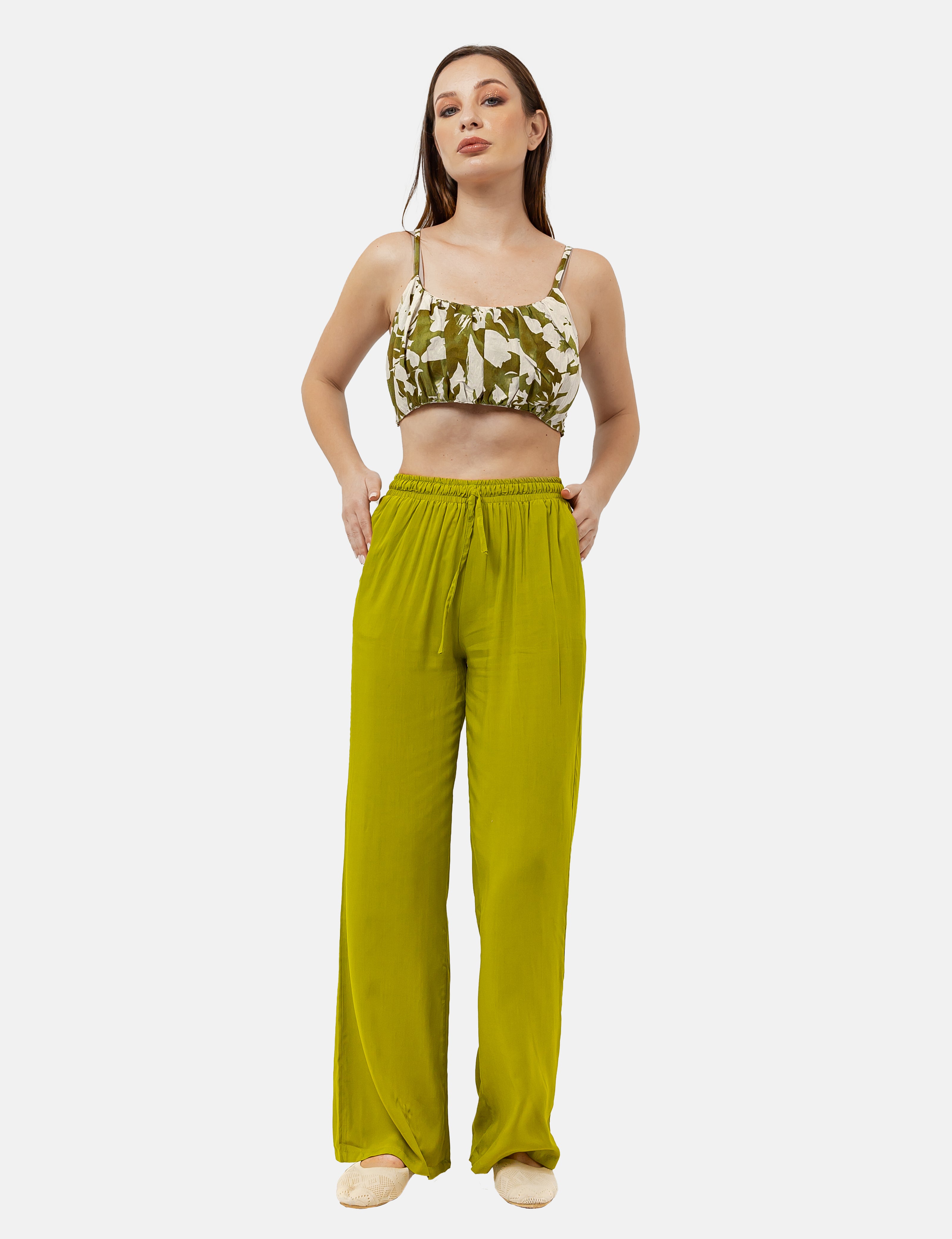 GREEN TINSIL WIDE LEG 1/2 ELASTIC WAIST PANTS S24135