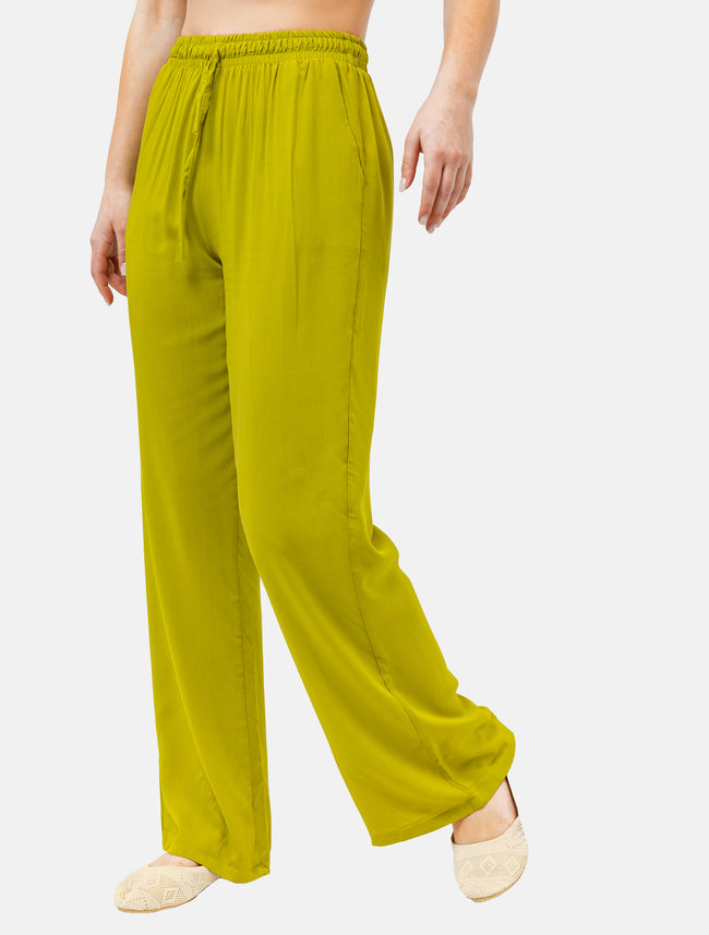 GREEN TINSIL WIDE LEG 1/2 ELASTIC WAIST PANTS S24135