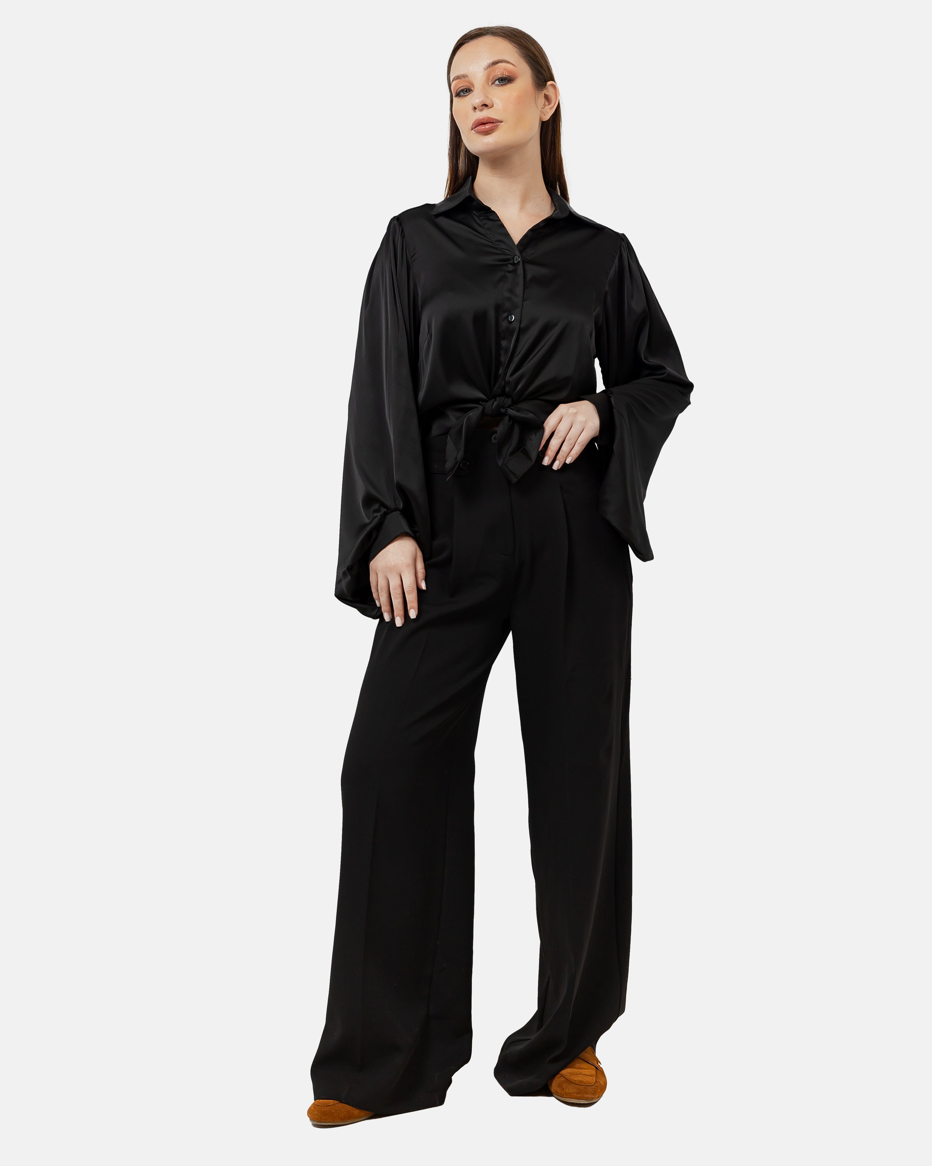 BLACK SATIN PLAIN CLASSIC BLOUSE S24046