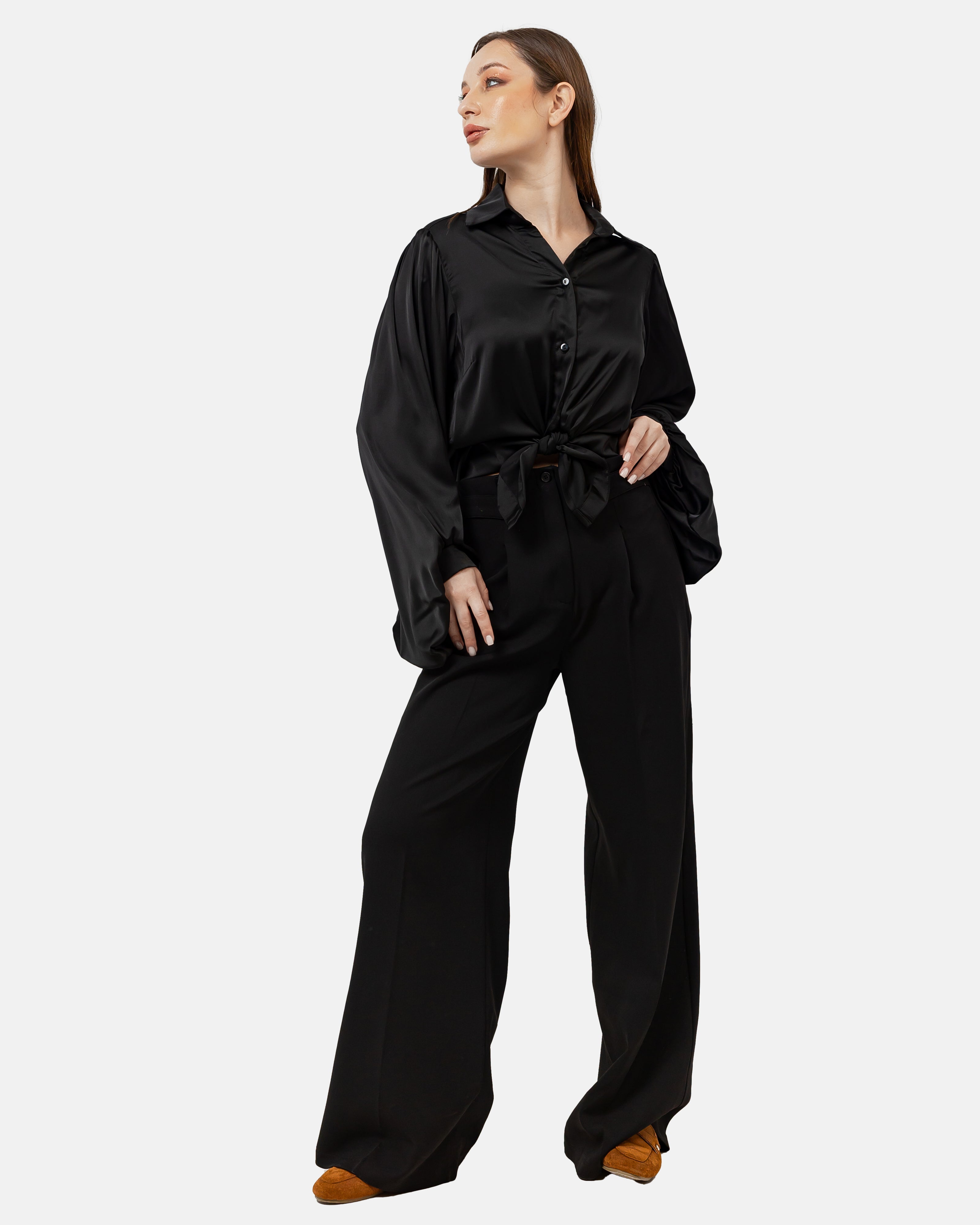 BLACK SATIN PLAIN CLASSIC BLOUSE S24046