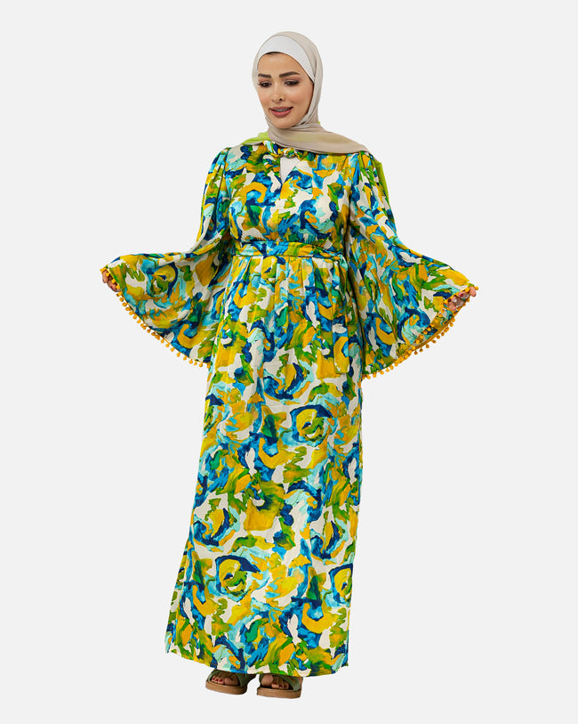 Yellow SATIN Van-Gogh Printed Dress  S24117