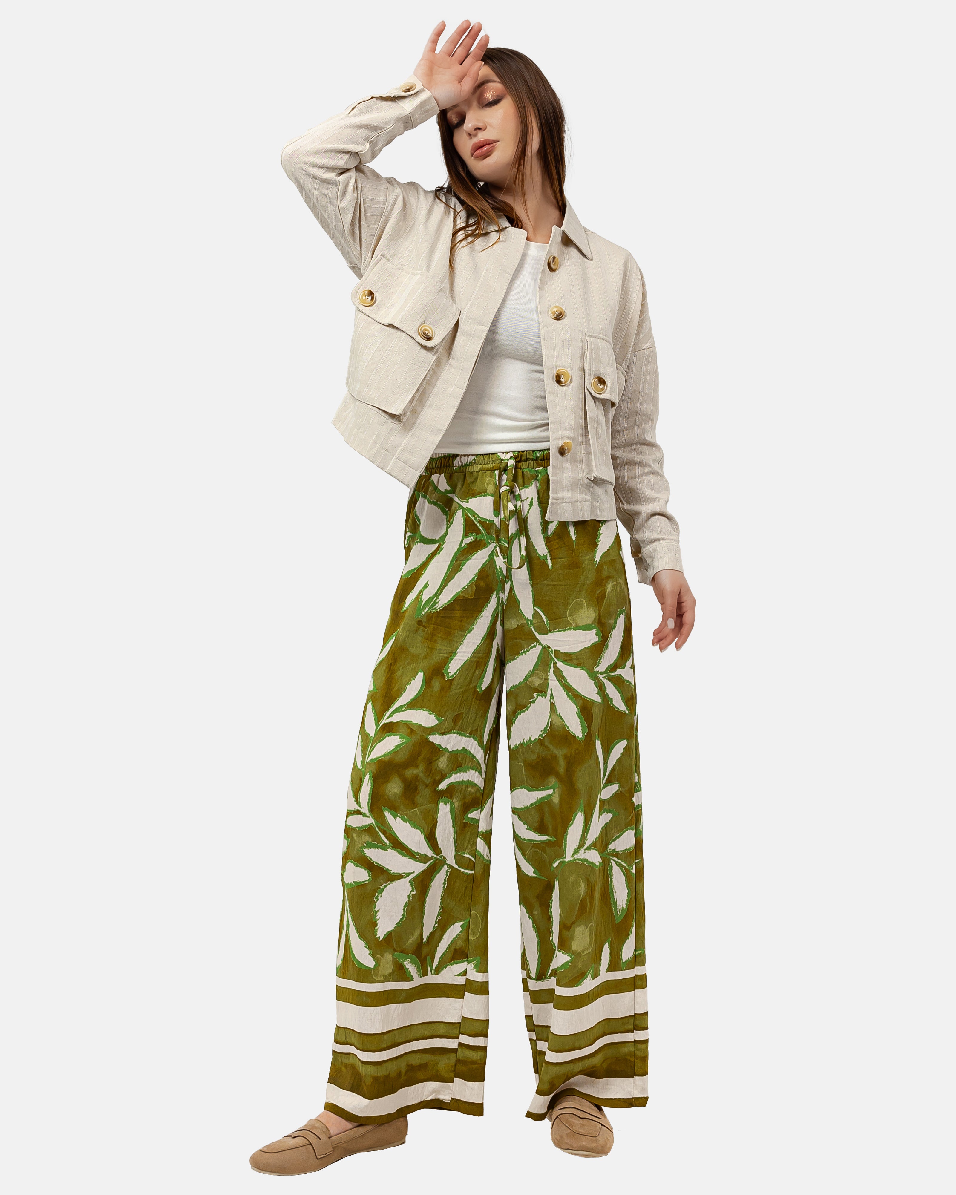 OLIVE Linen PRINTED ELASTIC PANTS S24014