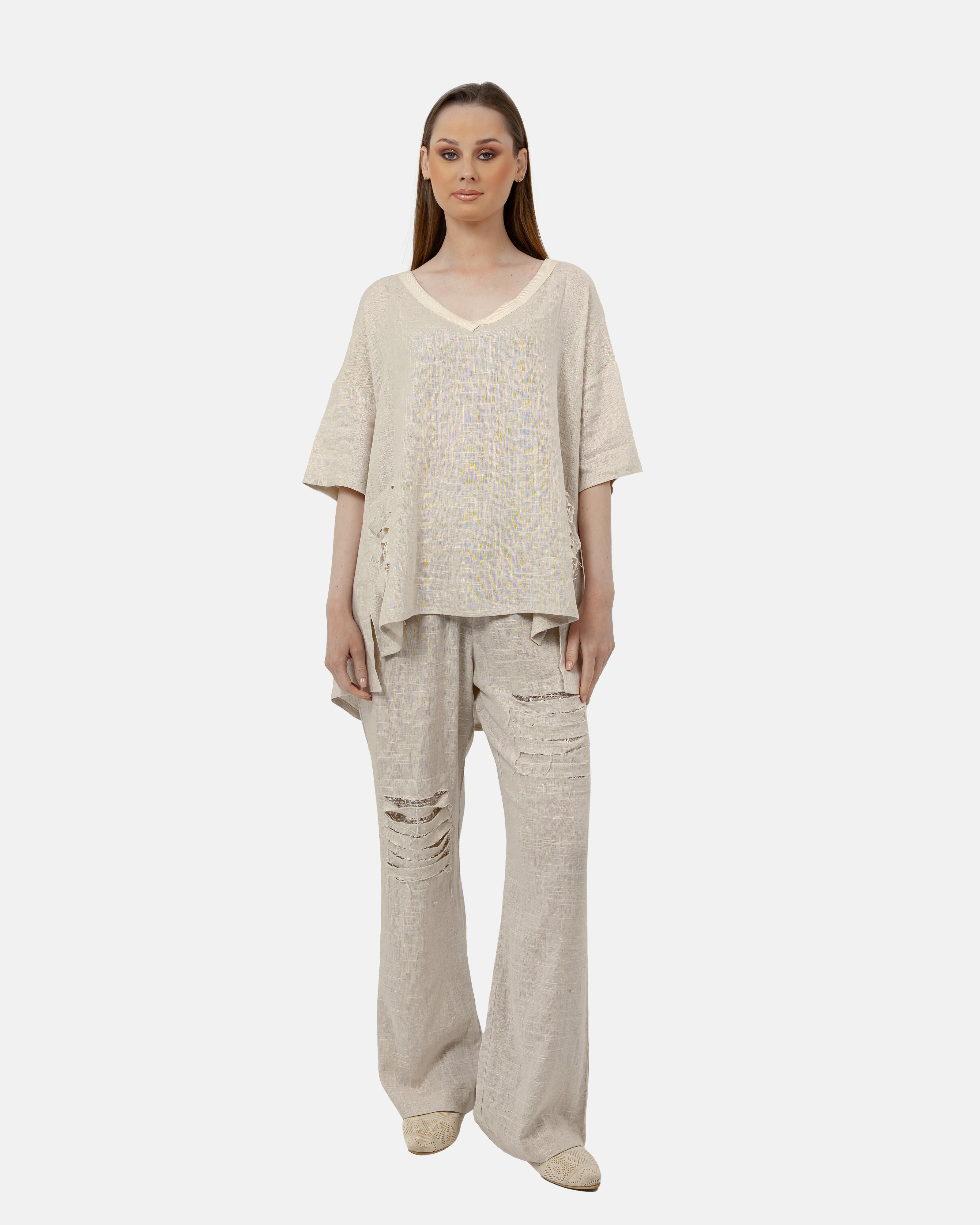 NATURAL Linen ELASTIC WAIST PANT  WITH SEQUIN S24070