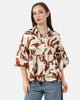 BROWN SATIN SHORT PRINTED BLOUSE S24048