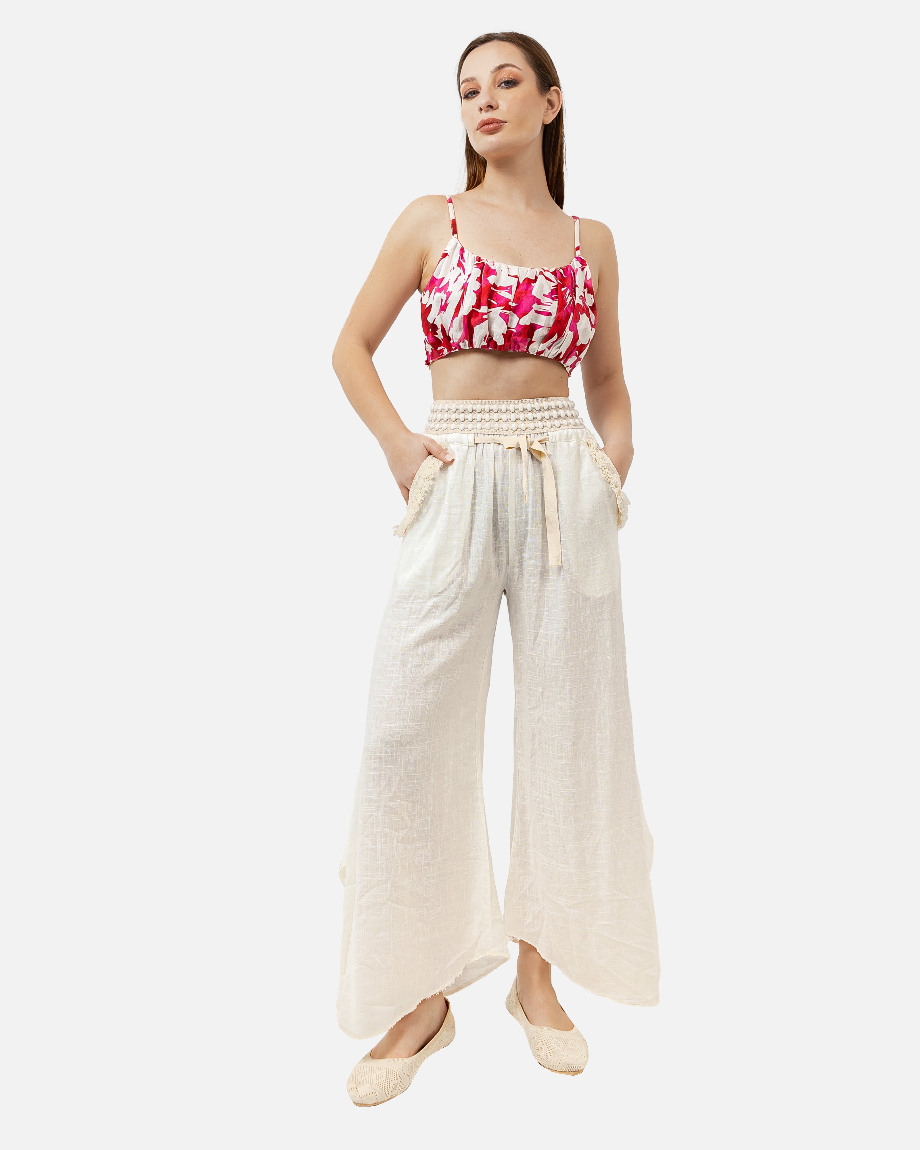 White Linen ELASIC WAIST PANTS S24064